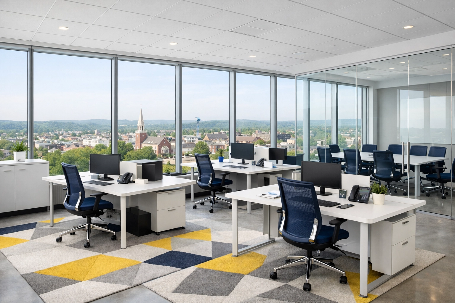 Clean corporate office suite in Framingham showing how professional office cleaning Framingham keeps desks spotless.