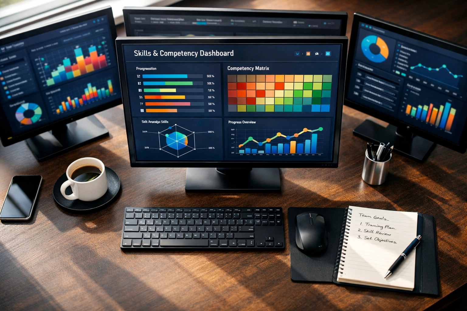 Workforce analytics dashboard displaying competency tracking data and skill metrics on executive monitors