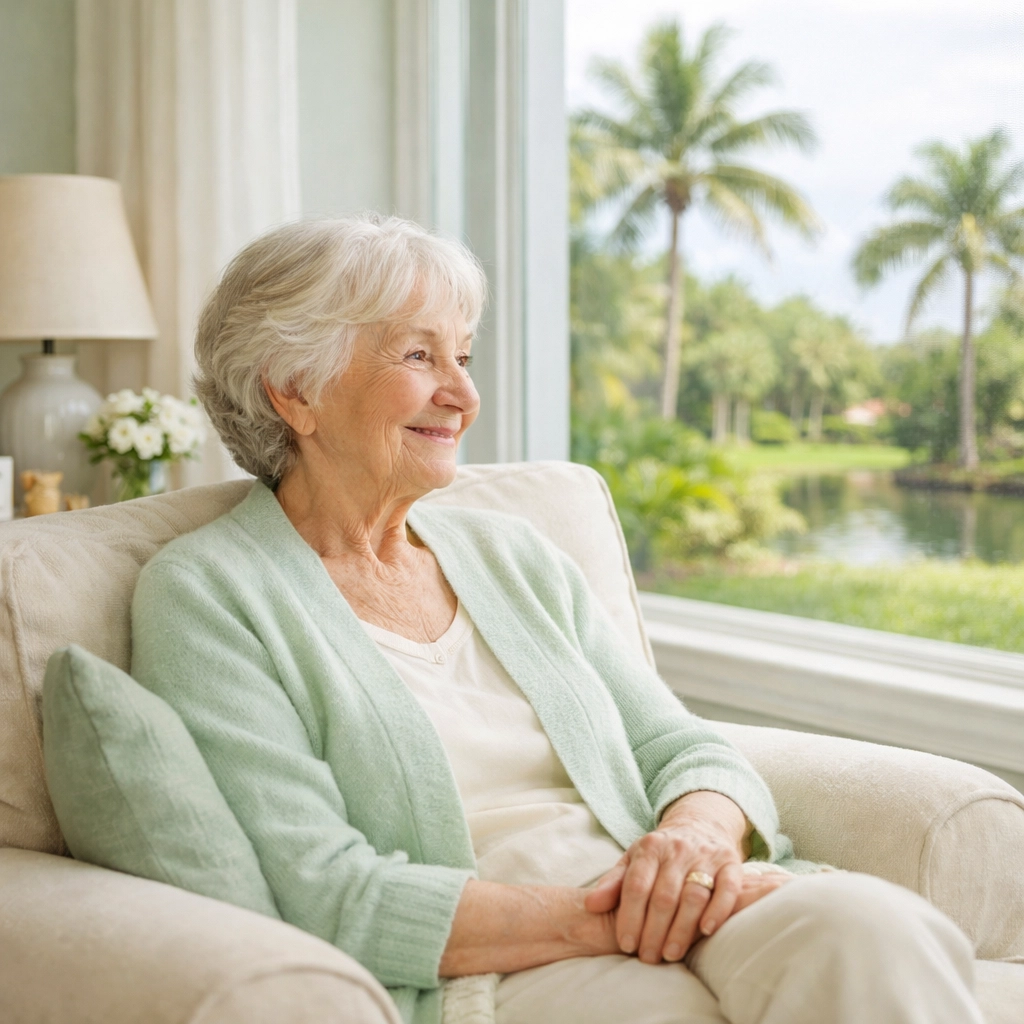 Senior woman enjoying her living room in a Lakewood Ranch aging-in-place assisted living community.