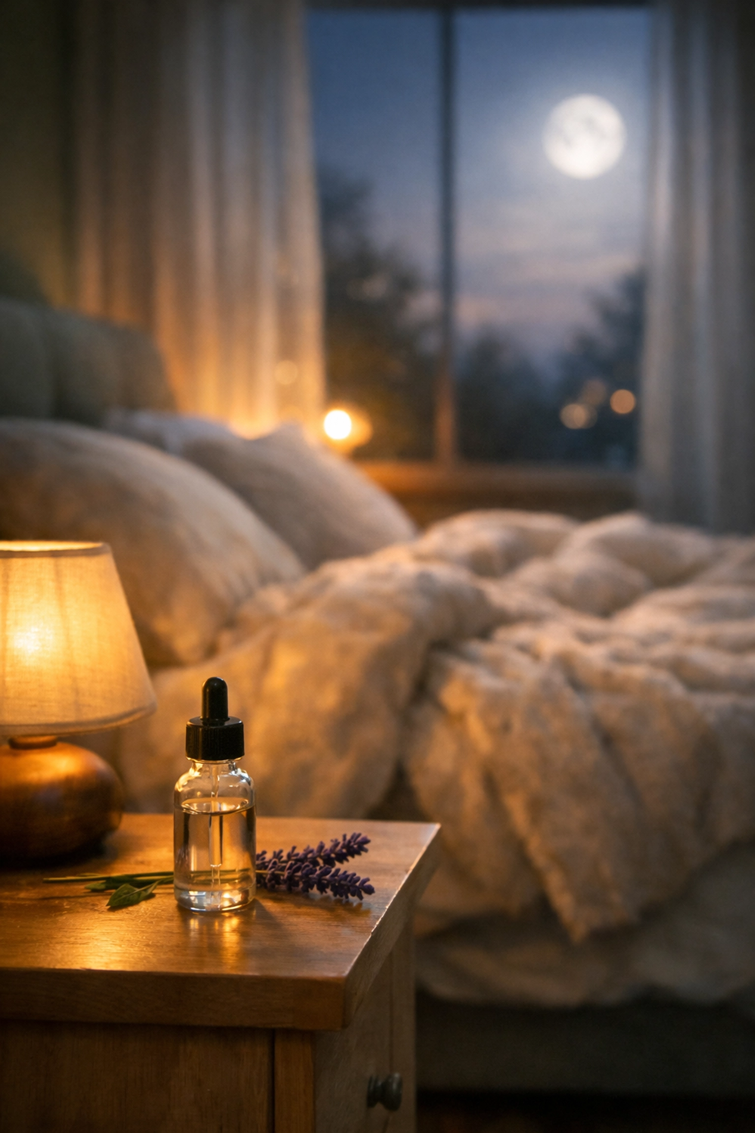 Peaceful bedroom sanctuary showing full-spectrum cannabis oil and lavender for trauma recovery and nightmare relief.
