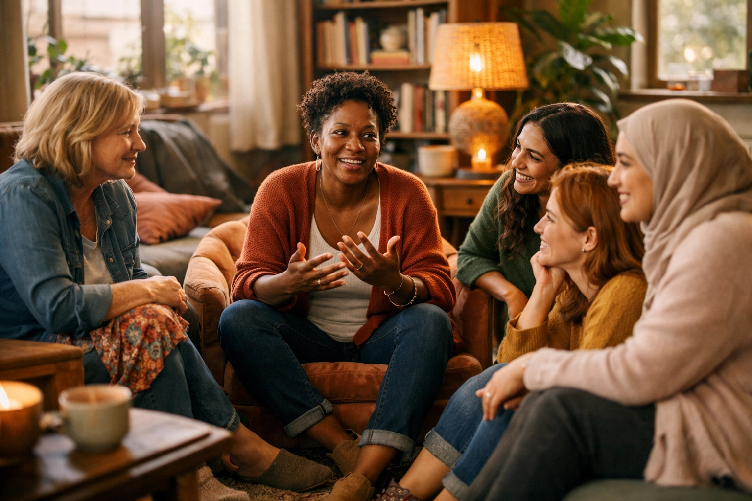 A diverse group of women in a supportive circle, representing a weight loss support group and community wellness.