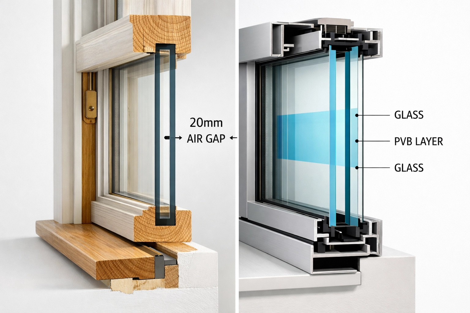 Cross-section showing 10.8mm acoustic laminate glass layers in secondary glazing for Victorian sash windows