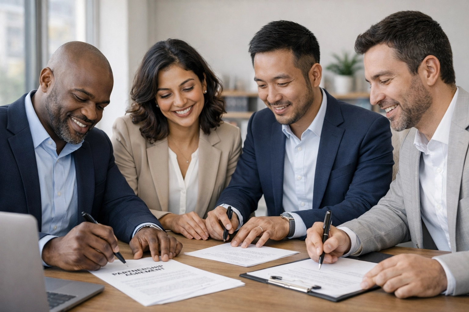 Business partners reviewing partnership agreement documents together