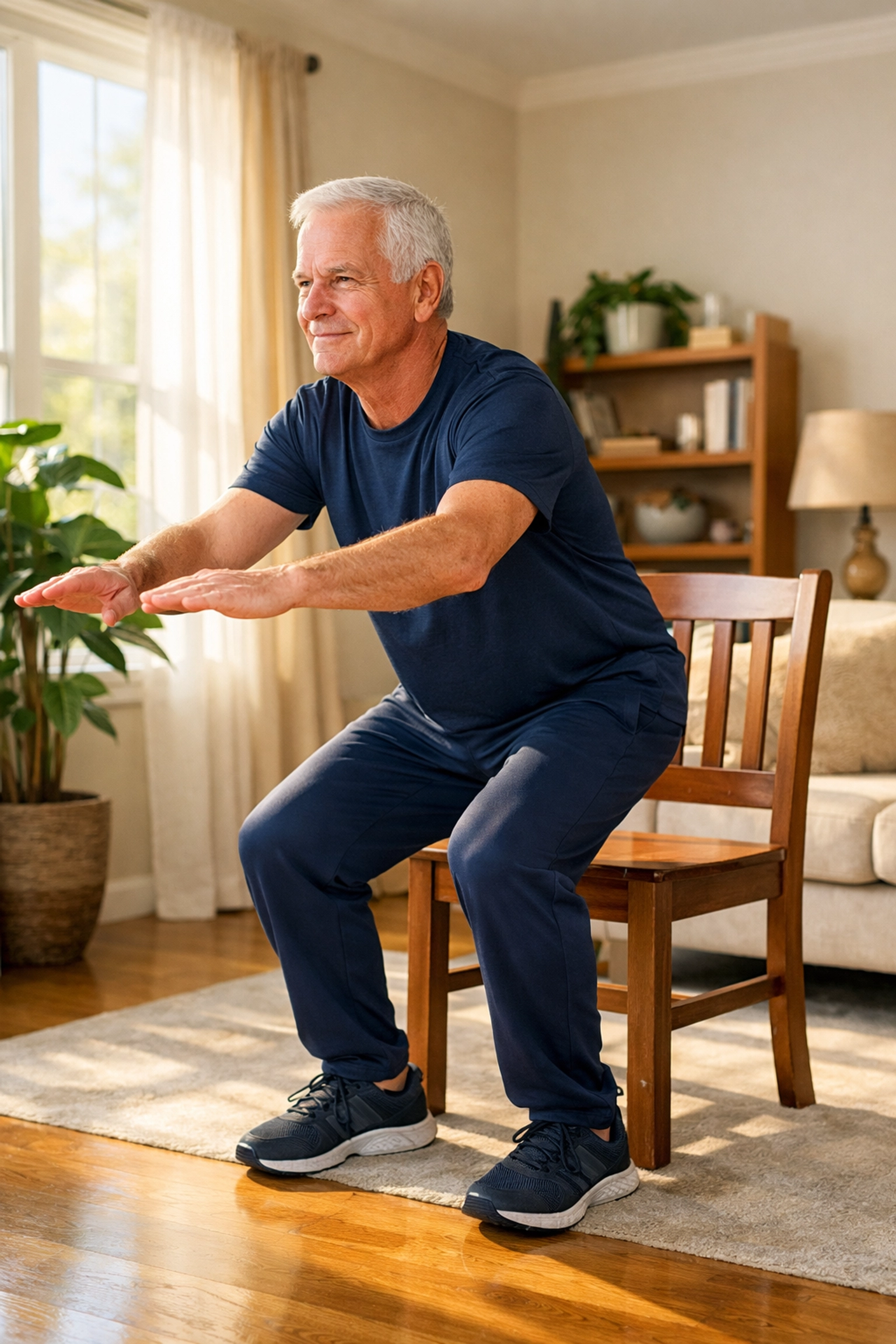 Active senior man practicing sit-to-stand movements to improve leg strength and prevent falls.