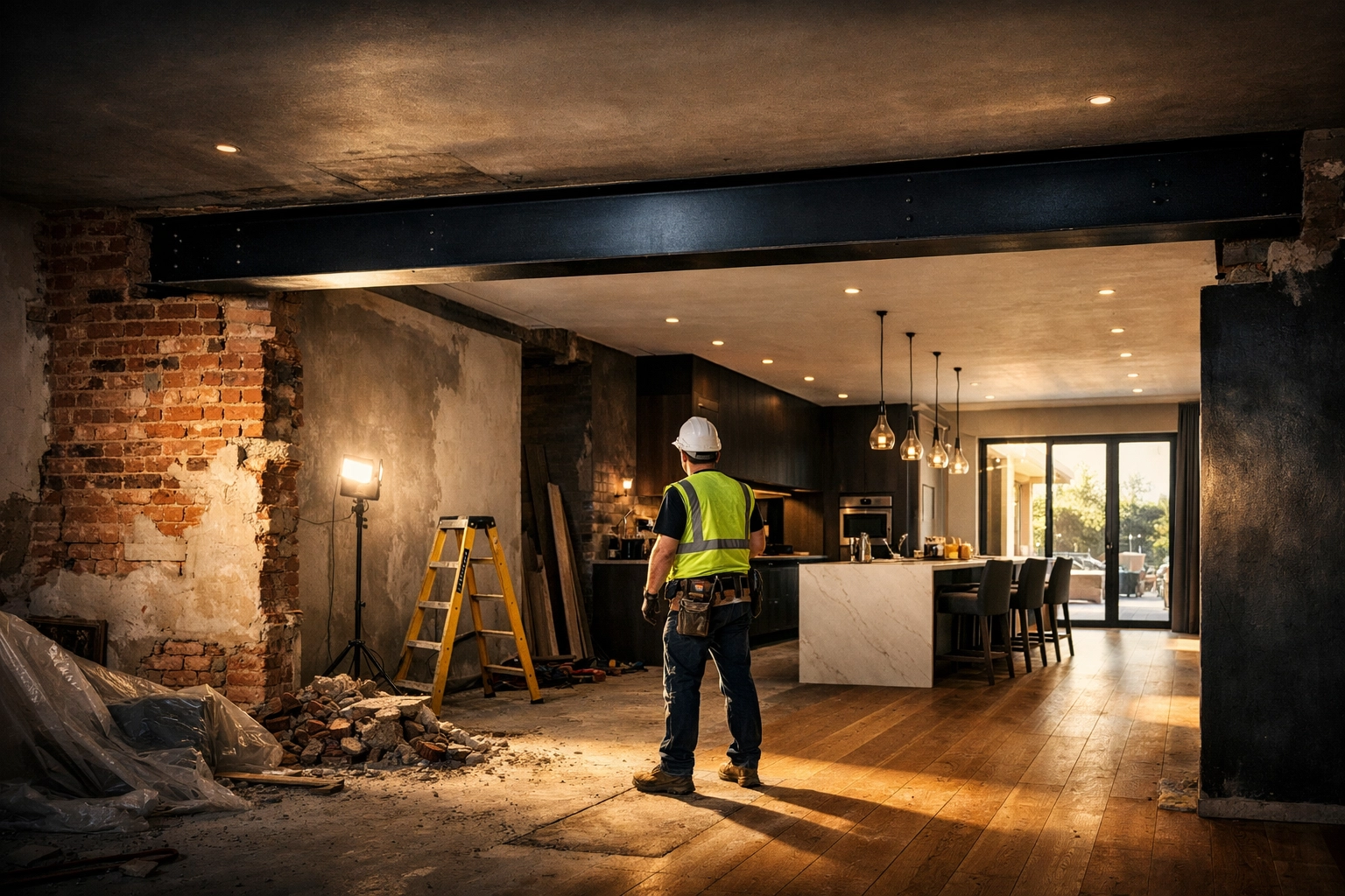 Structural steel beam installation for an open-plan kitchen renovation by Swanbourne Construction builders.