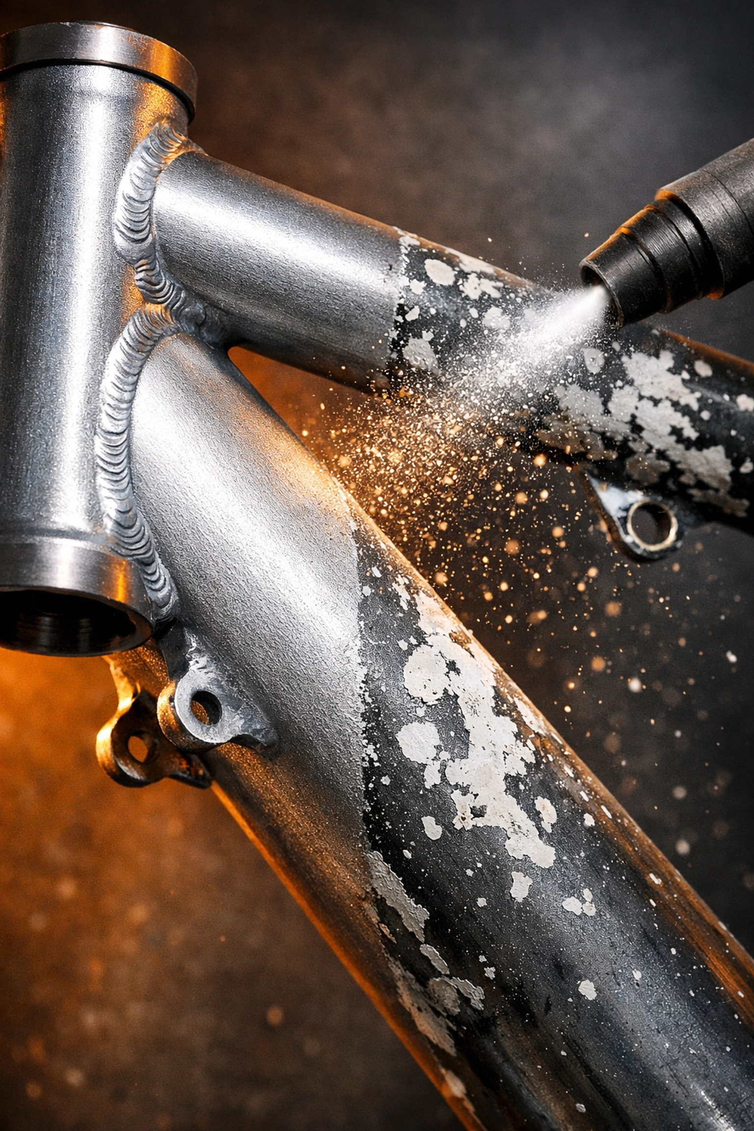 E-bike frame during sandblasting process showing surface preparation for powder coating