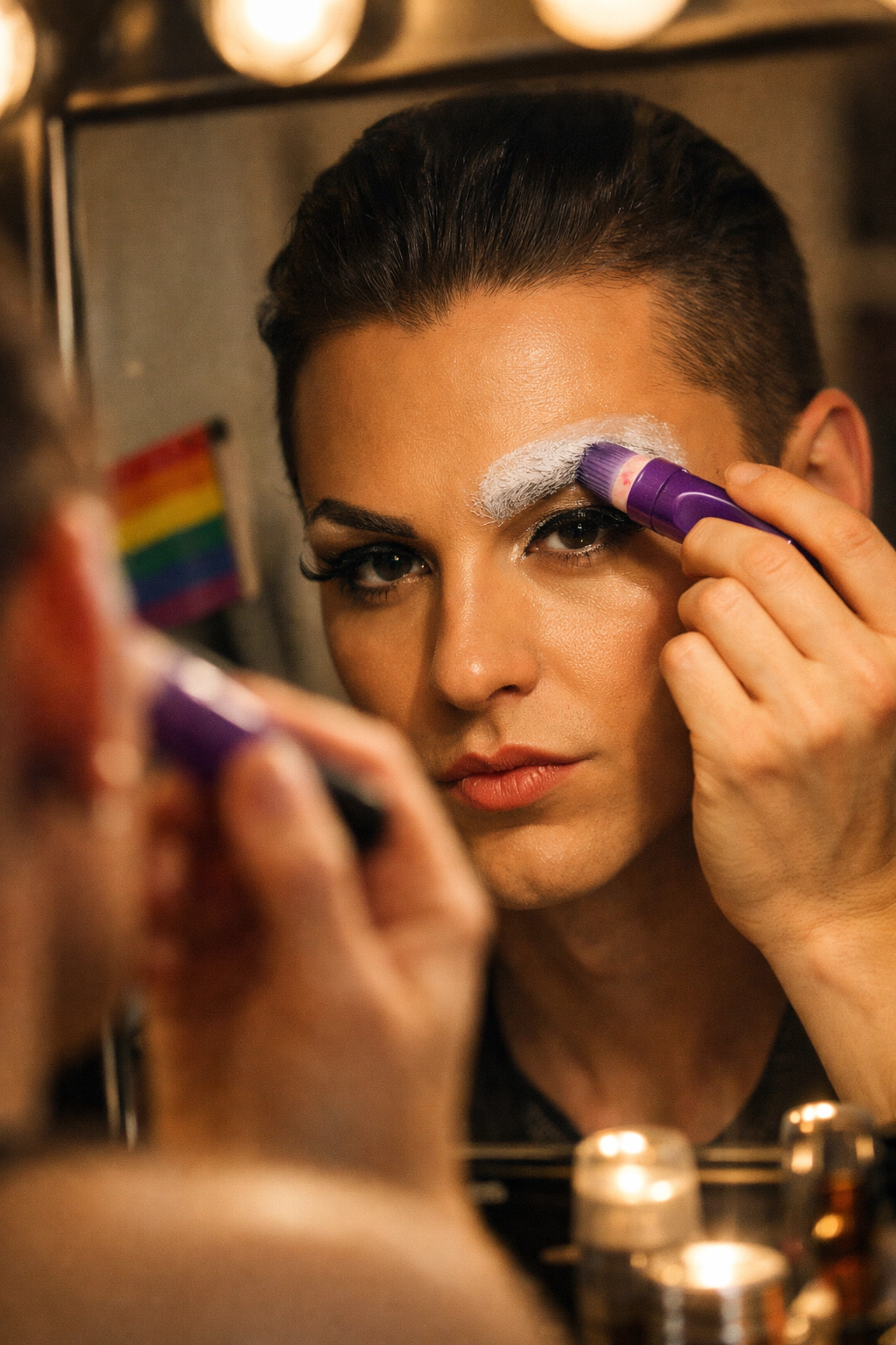 Drag artist using a glue stick for brow blocking during a queer makeup transformation at home.