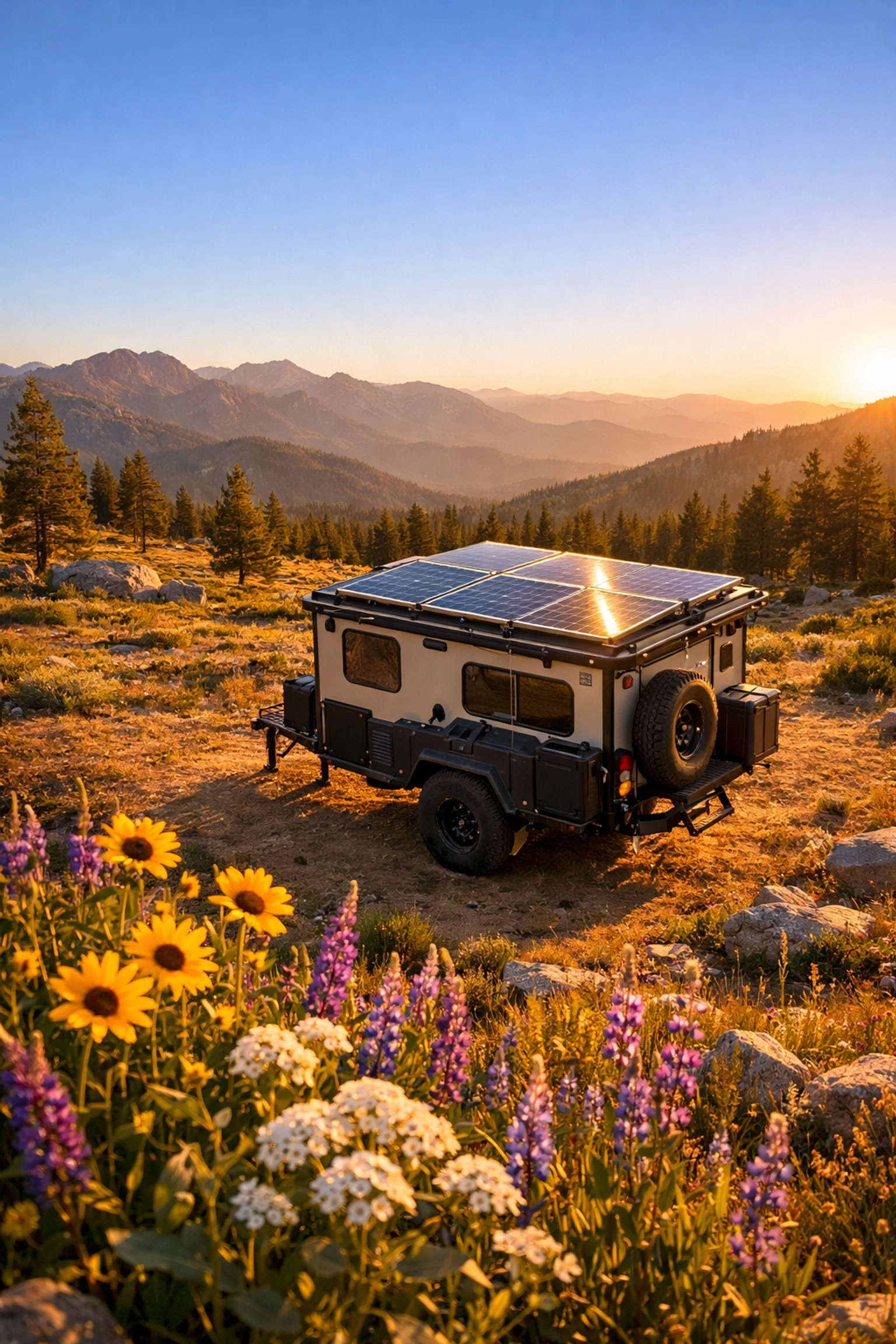 Off-grid RV with solar panels parked on dispersed BLM land for sustainable camping