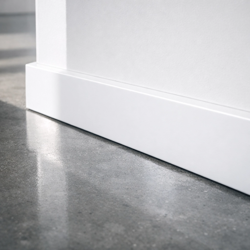 Close-up of a dust-free white baseboard and polished floor after a specialized deep clean in a Detroit office.
