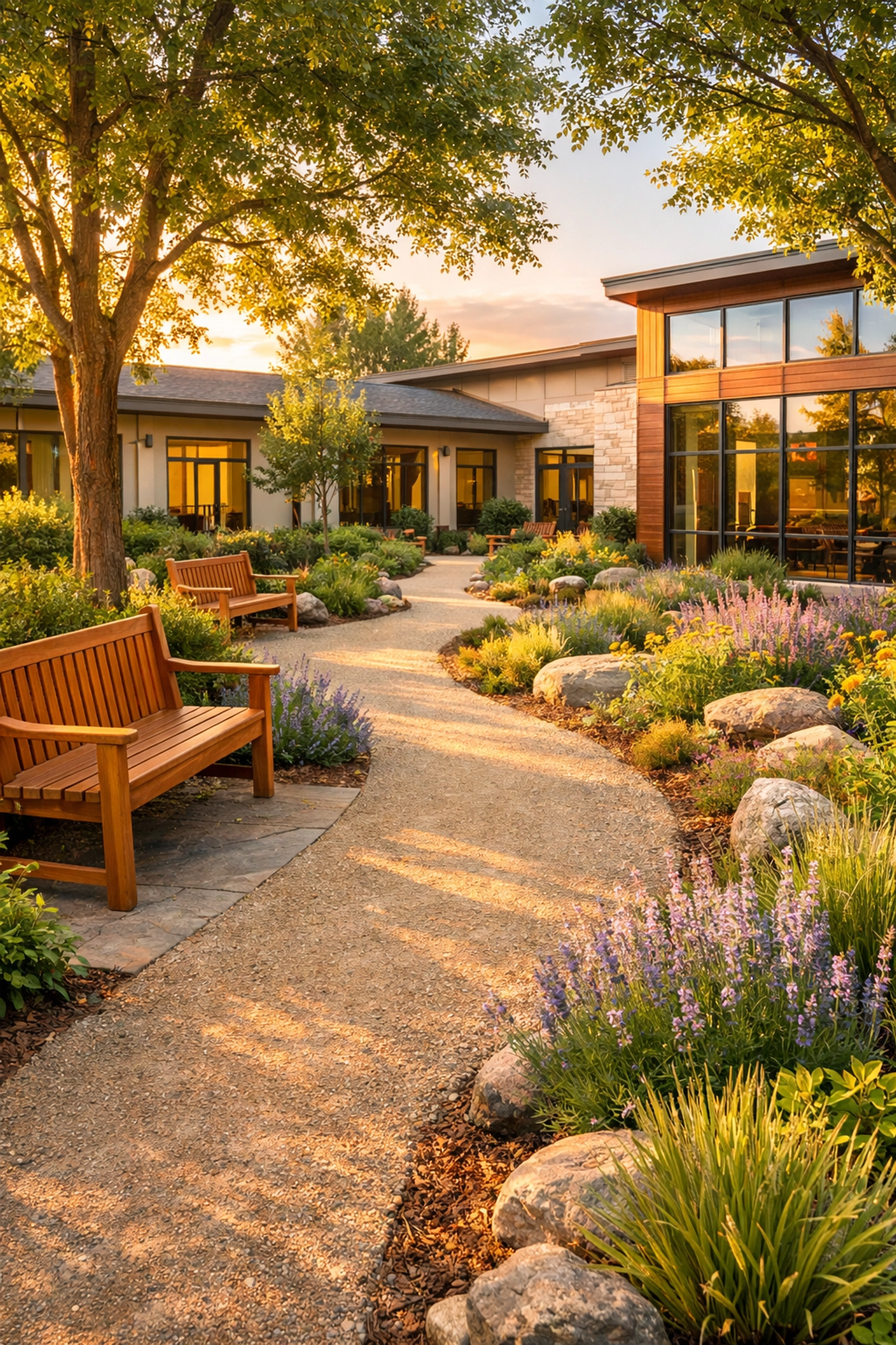 Treatment facility outdoor courtyard with landscaped garden and walking paths