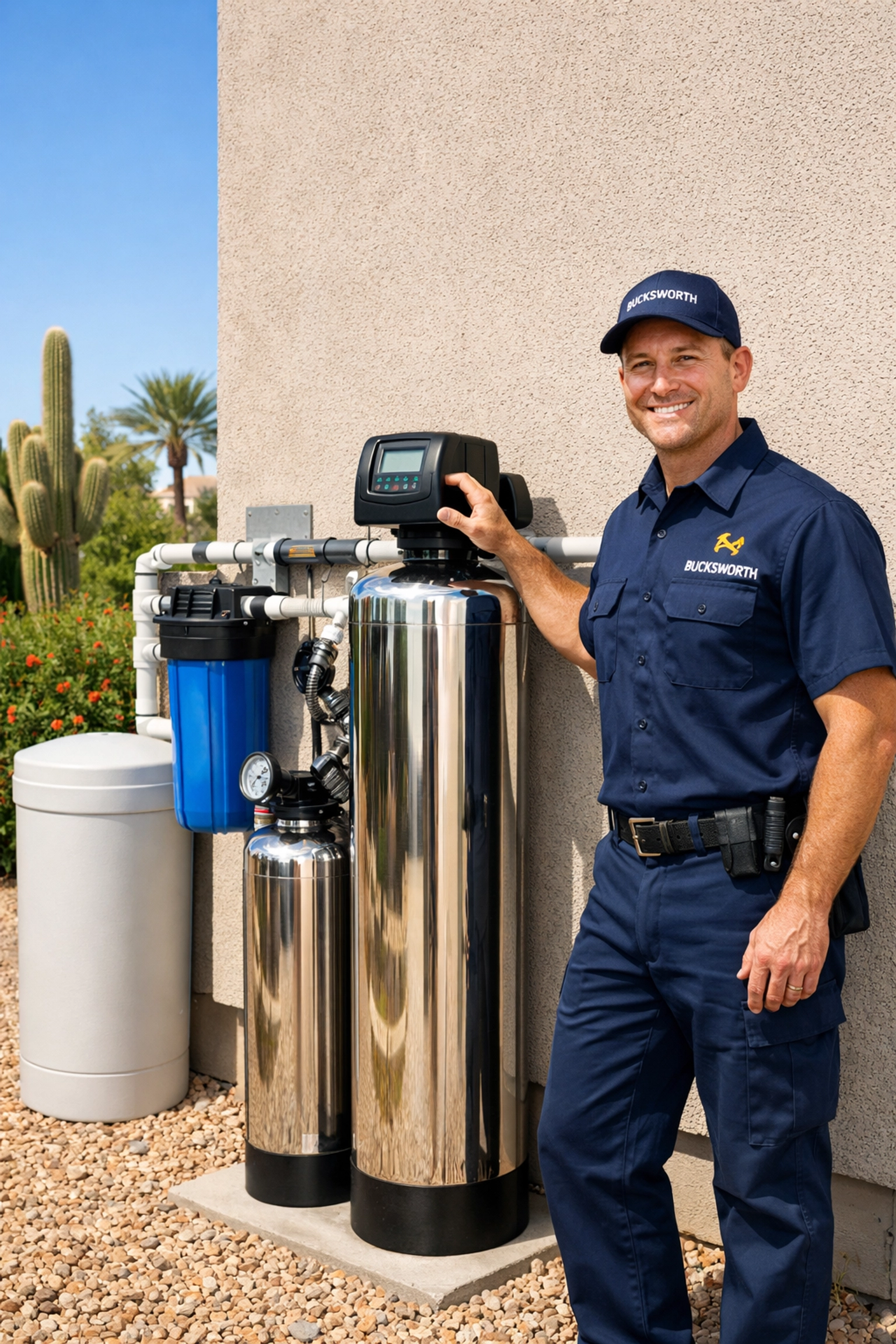 A Bucksworth plumber inspecting a whole-home water filtration system in Gilbert's Agritopia neighborhood.