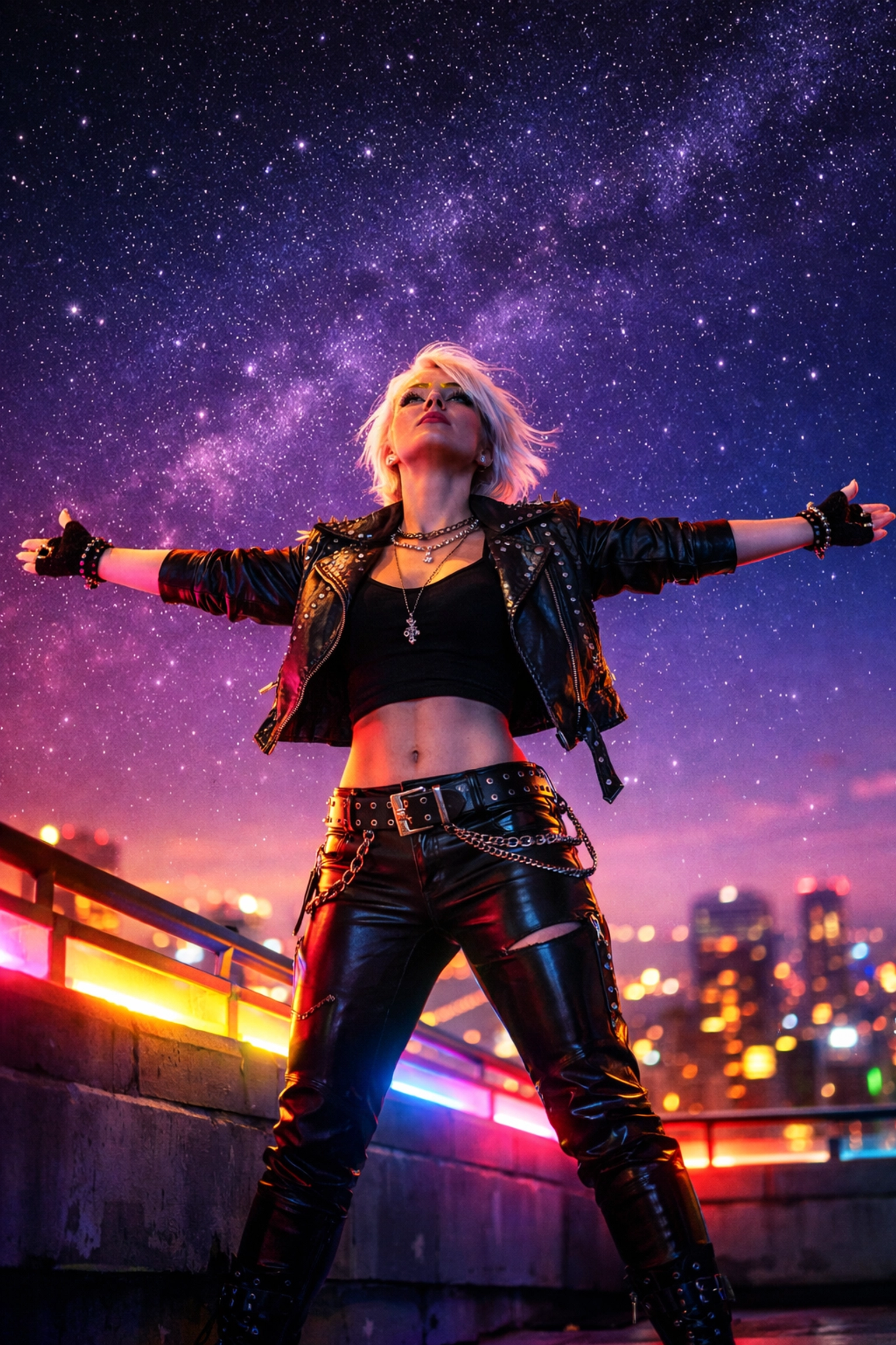 Woman celebrating freedom under midnight sky representing LGBTQ+ fluidity and empowerment