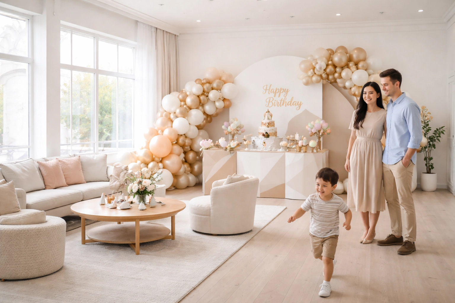 Modern Leesburg event studio decorated for a child's birthday, with family admiring stylish balloon décor.