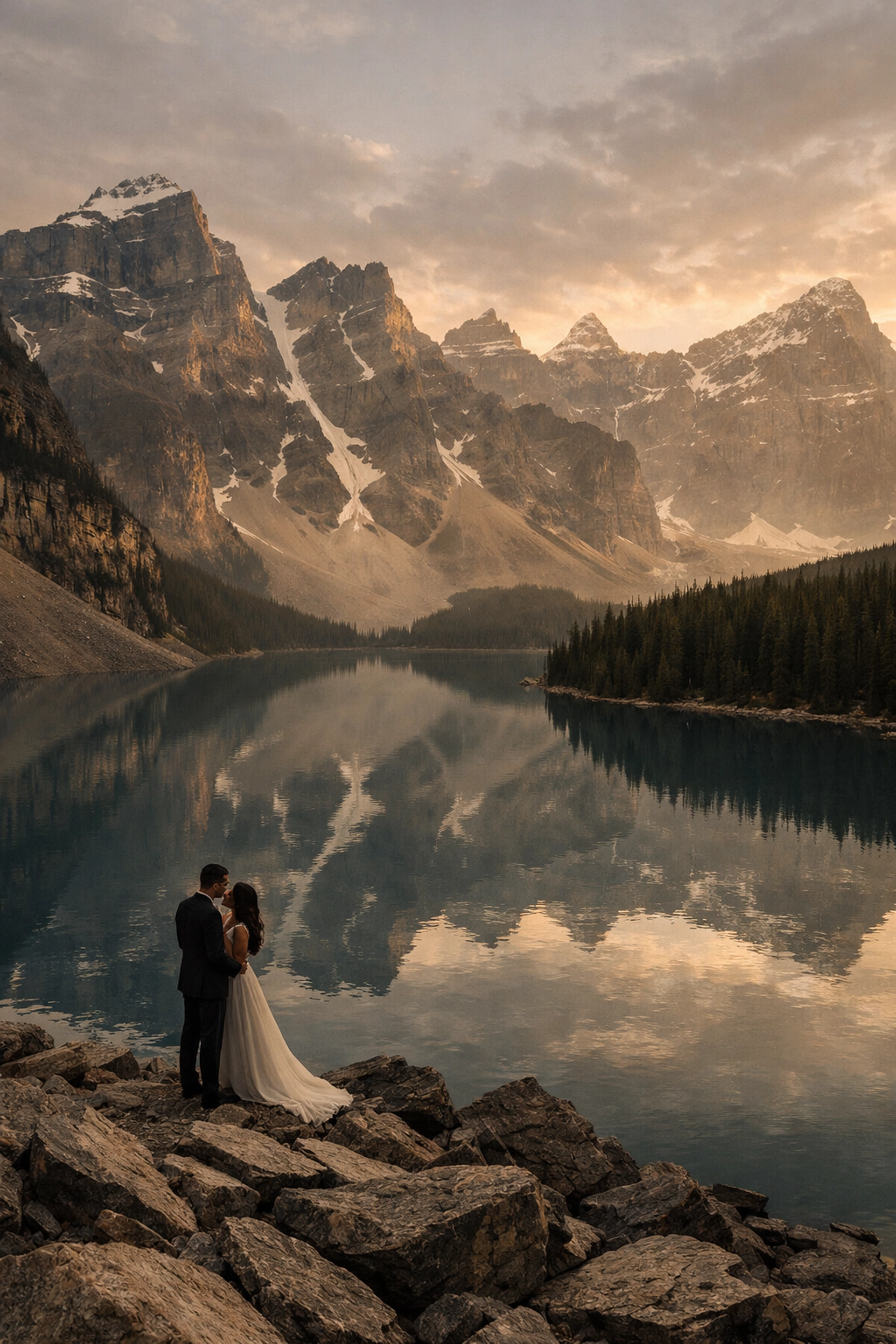 Moraine Lake wedding elopement with couple at Valley of Ten Peaks turquoise water backdrop