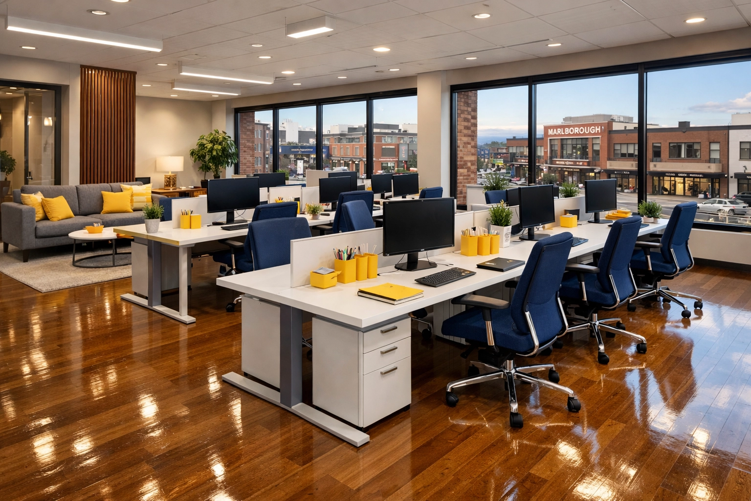 A pristine and productive open-plan workspace managed by professional office cleaning in Marlborough MA.