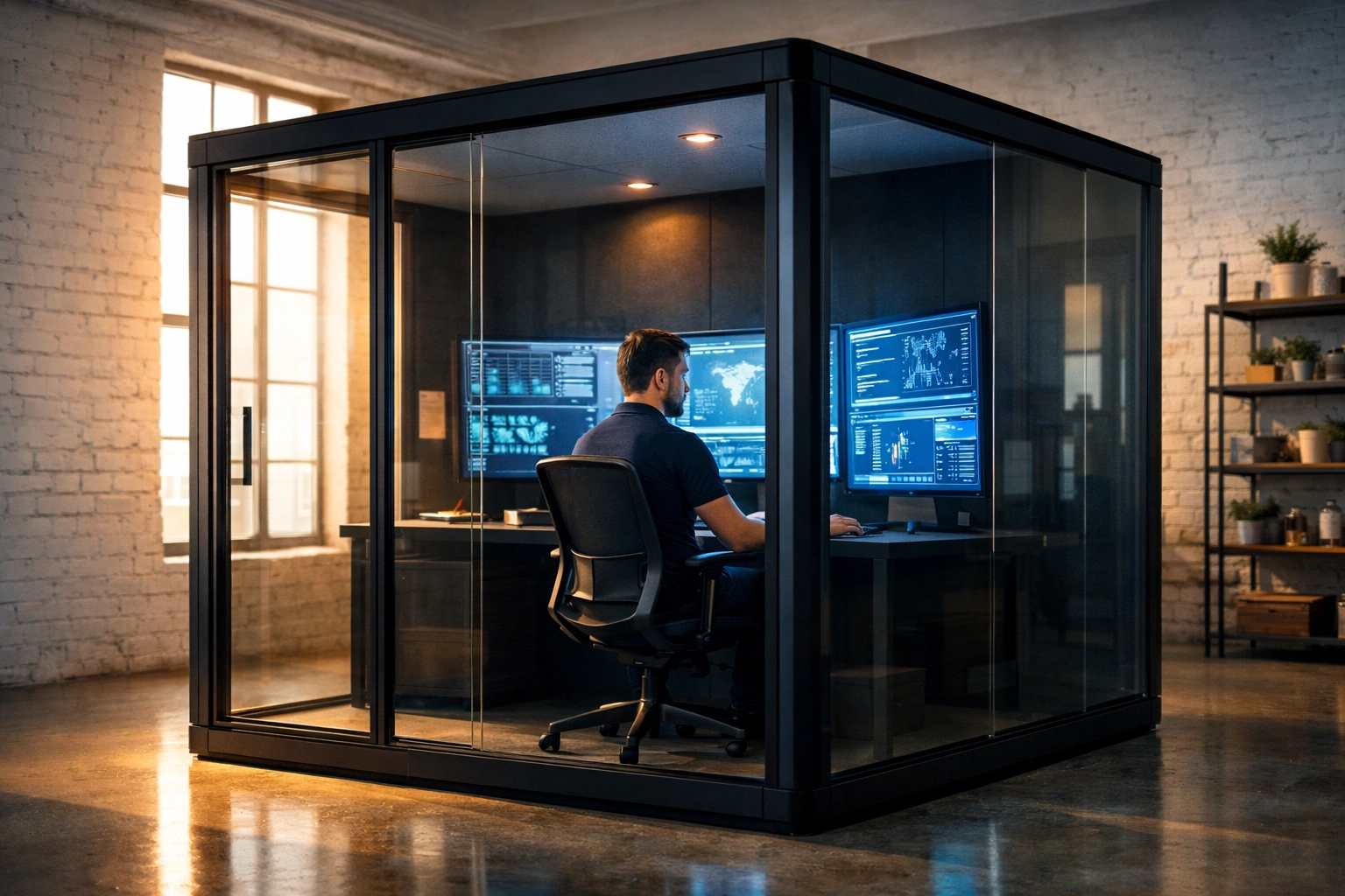 Modern modular workspace pod with monitors, providing a dedicated environment for SkillBridge training.