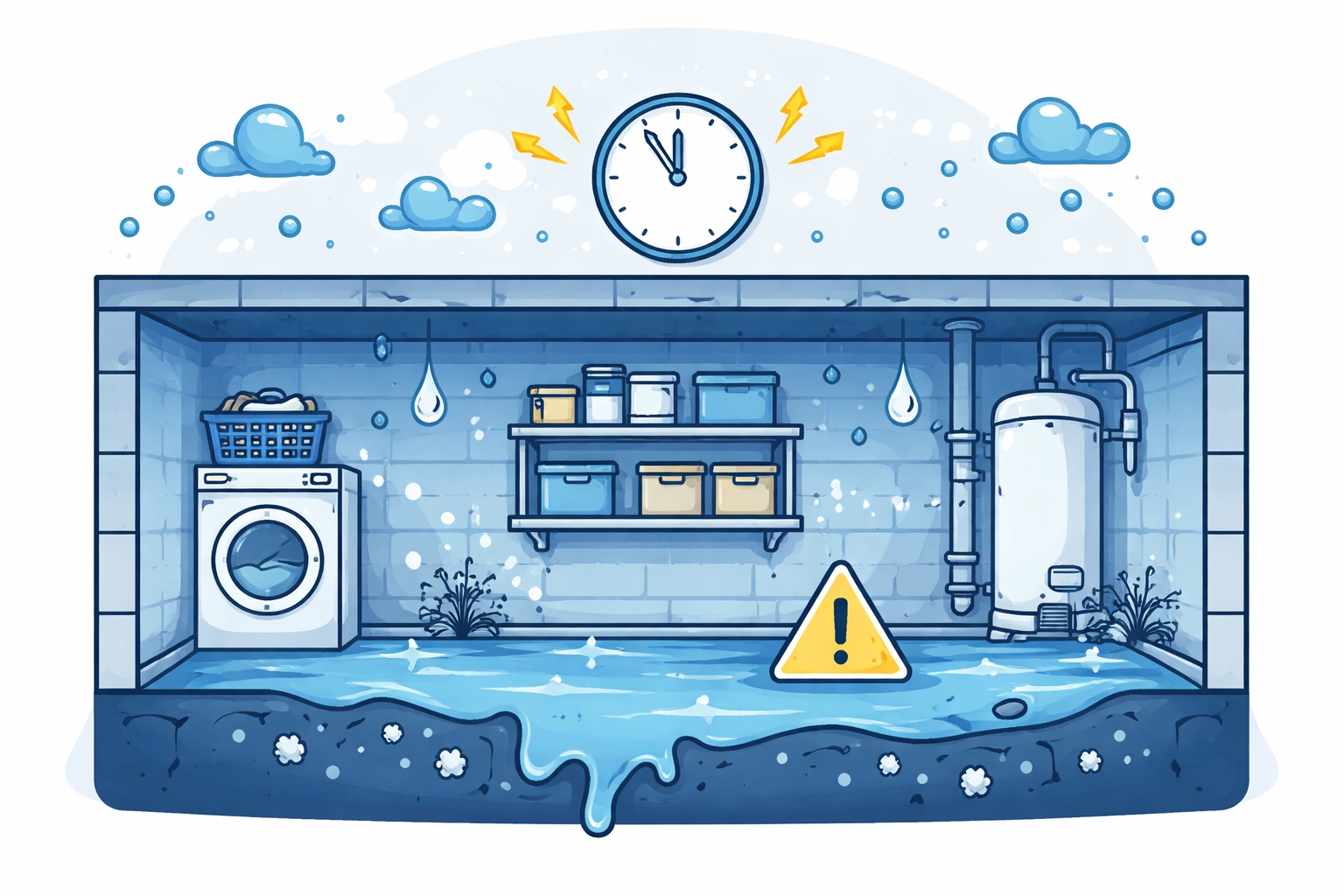 Cross-section illustration of a basement showing moisture and mold risk after water damage, highlighting urgency for mold prevention.