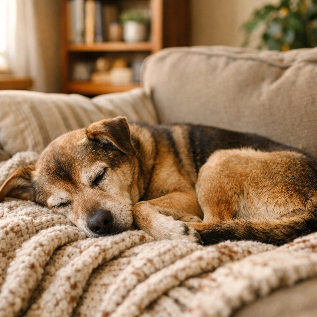 Senior rescue dog relaxing peacefully on couch in foster home