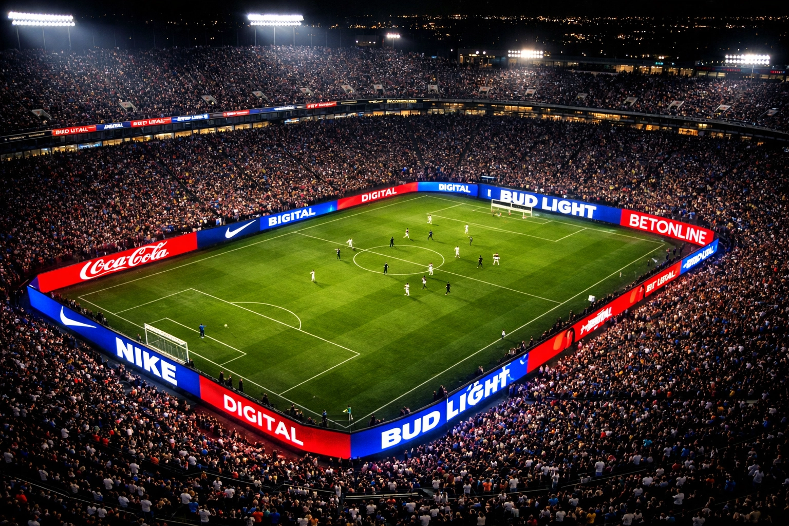 Stadium digital perimeter advertising boards illuminated during live sporting event with fans
