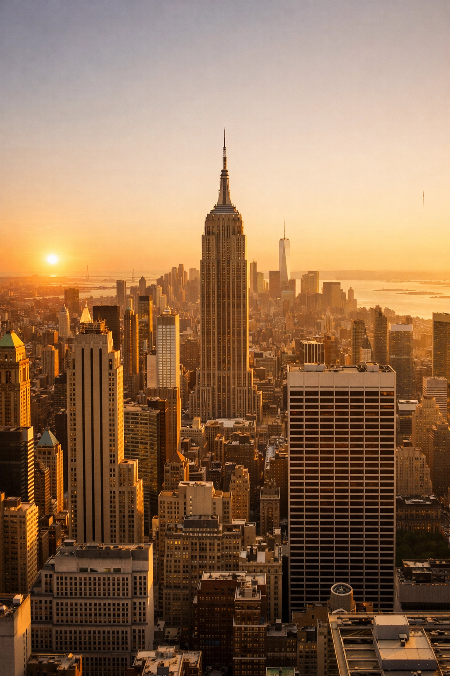 NYC skyline at golden hour with the Empire State Building, a prime travel photography location.
