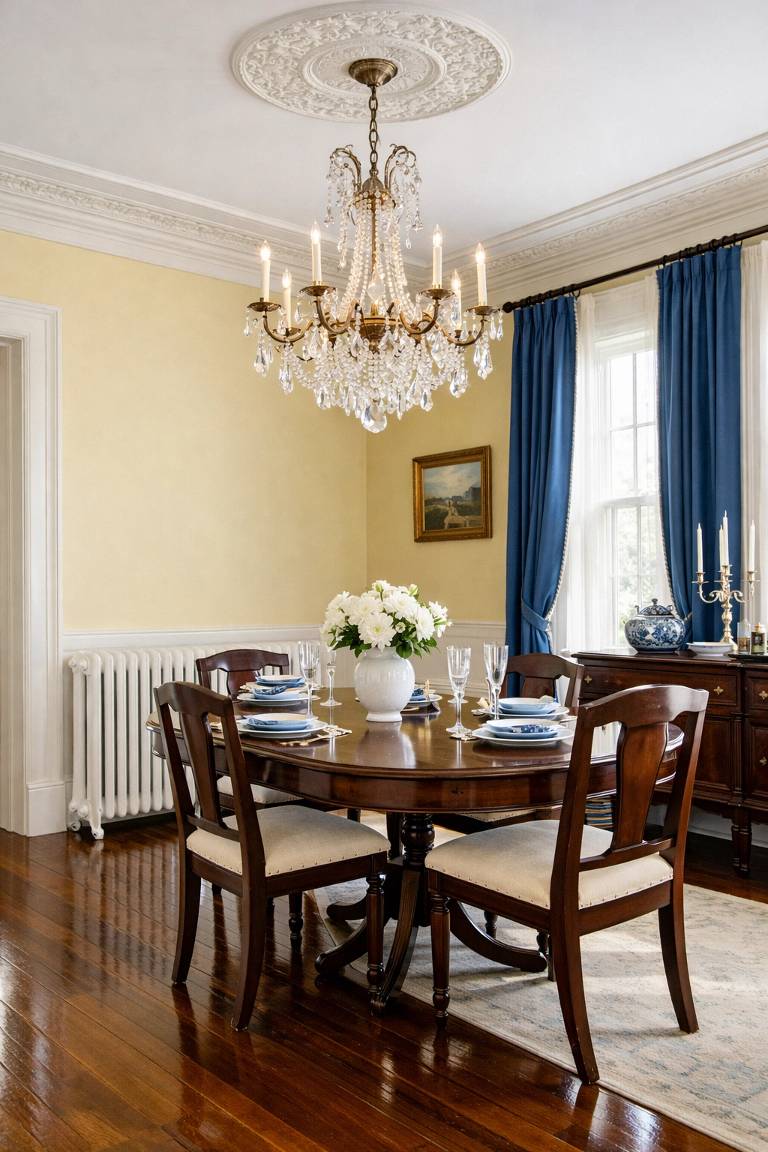 Sparkling historic Weston dining room with a clean chandelier and vintage radiator after deep cleaning.