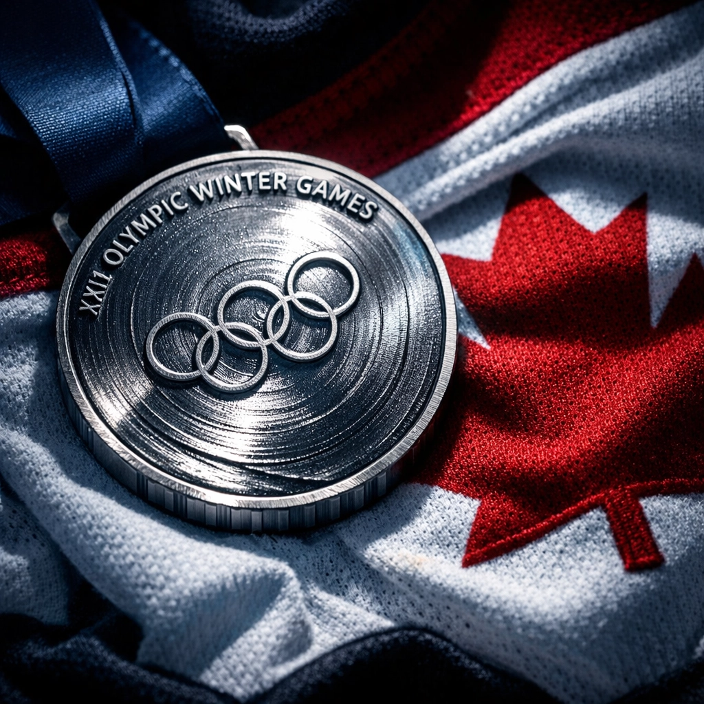 Olympic silver medal resting on Canadian hockey jersey after Milano Cortina 2026 gold medal game