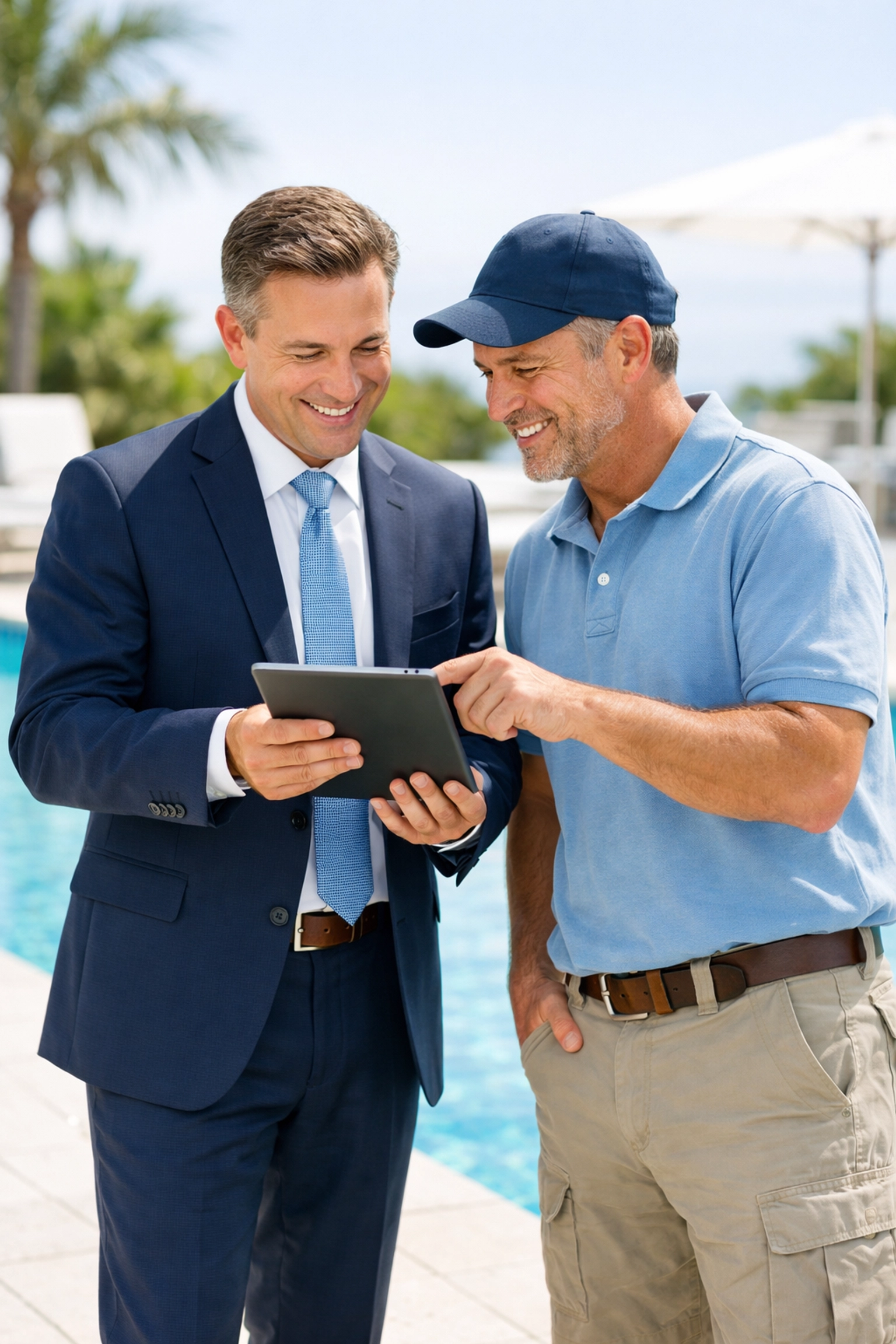 Professional pool route broker and owner discussing how to sell my pool route poolside.