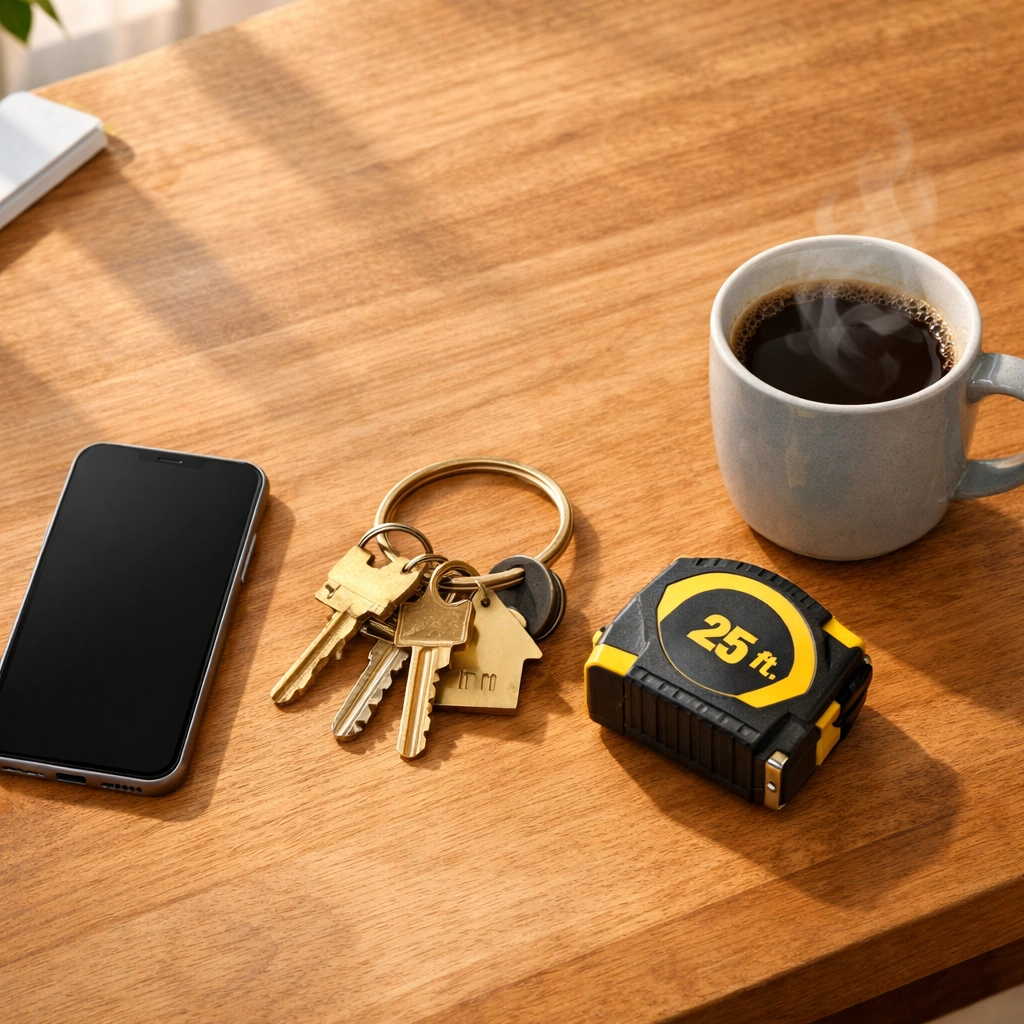 House keys and tools on a table, illustrating the busy schedule of a DIY landlord in Saskatoon.