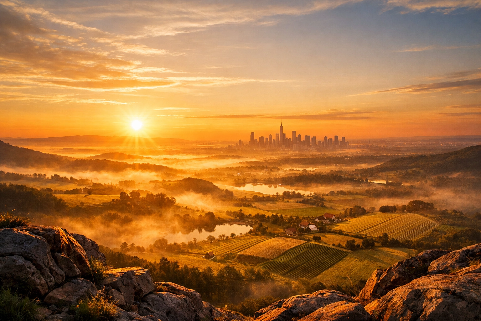 A cinematic sunrise over a city skyline representing hope and divine peace in the morning.