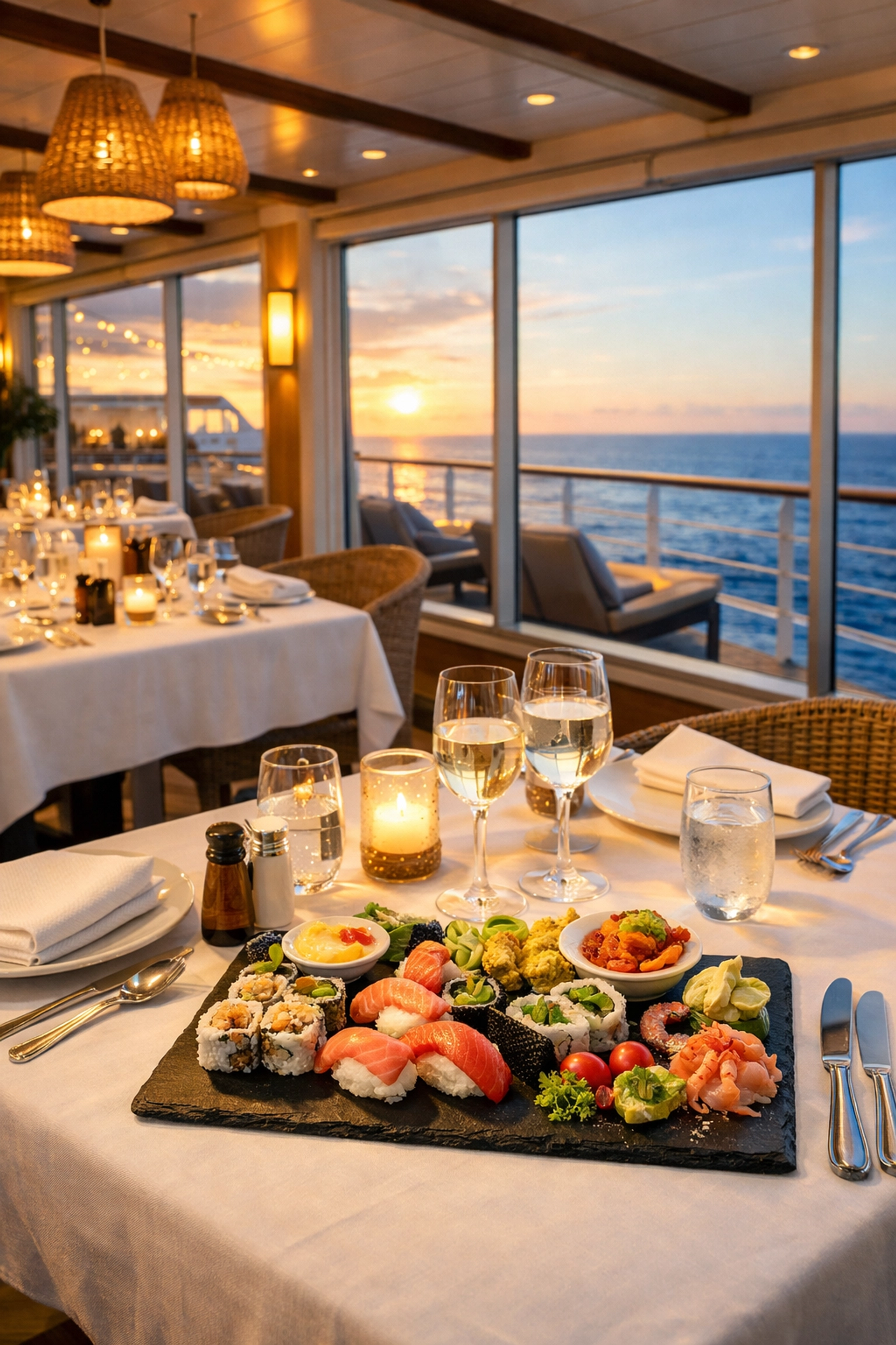 Fine dining with ocean views in the all-inclusive restaurant aboard the Marella Discovery.