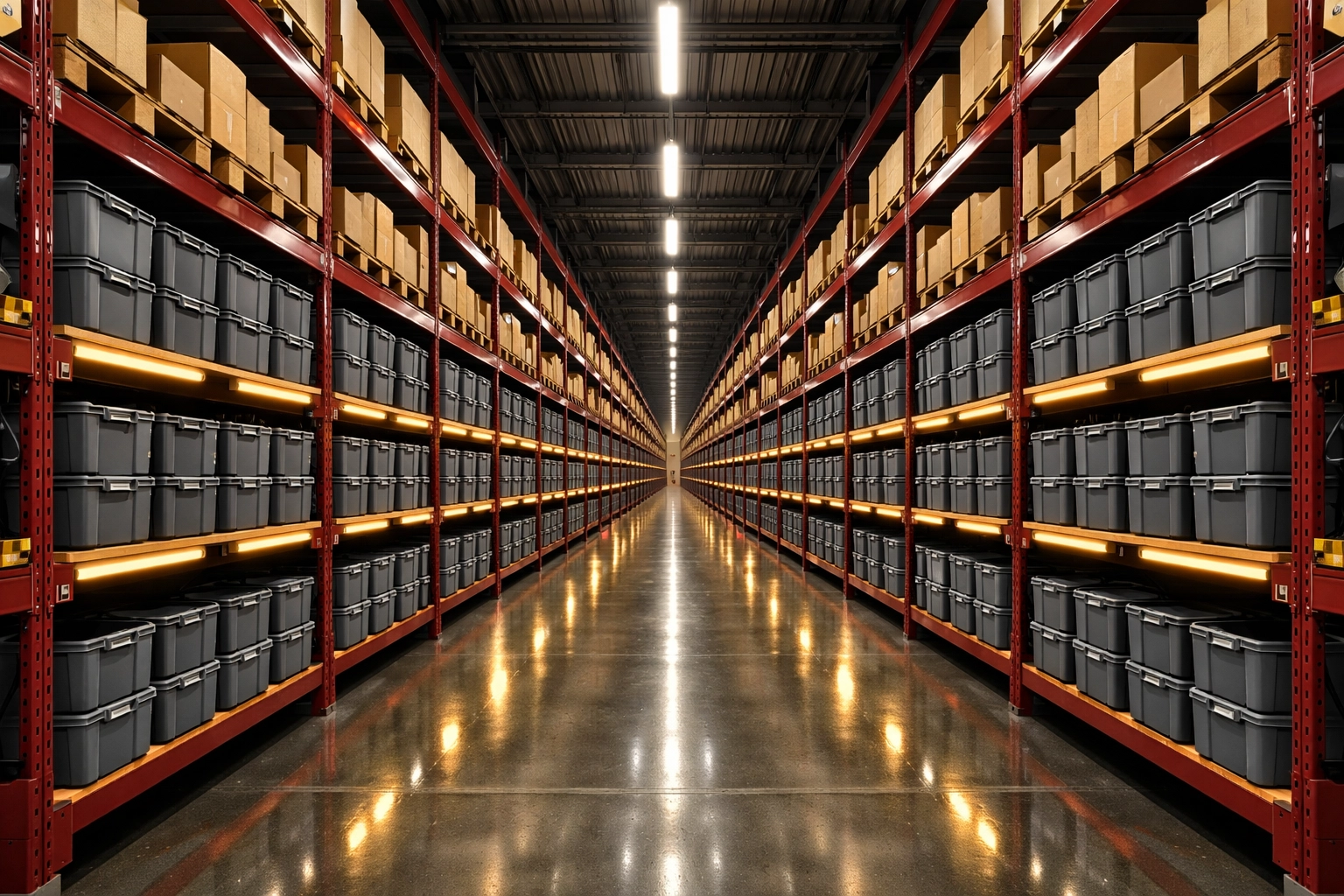 Highly organized ecommerce fulfillment center aisles optimized for fast pick-pack-ship and inventory management.