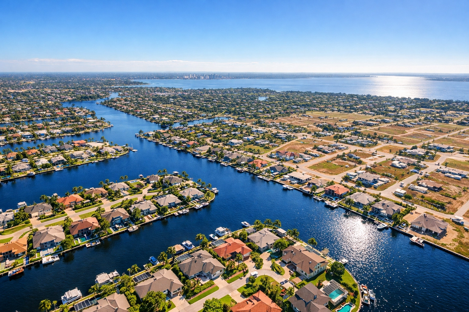 Aerial drone view of Cape Coral quadrants and SWFL waterfront homes along the vast canal network.