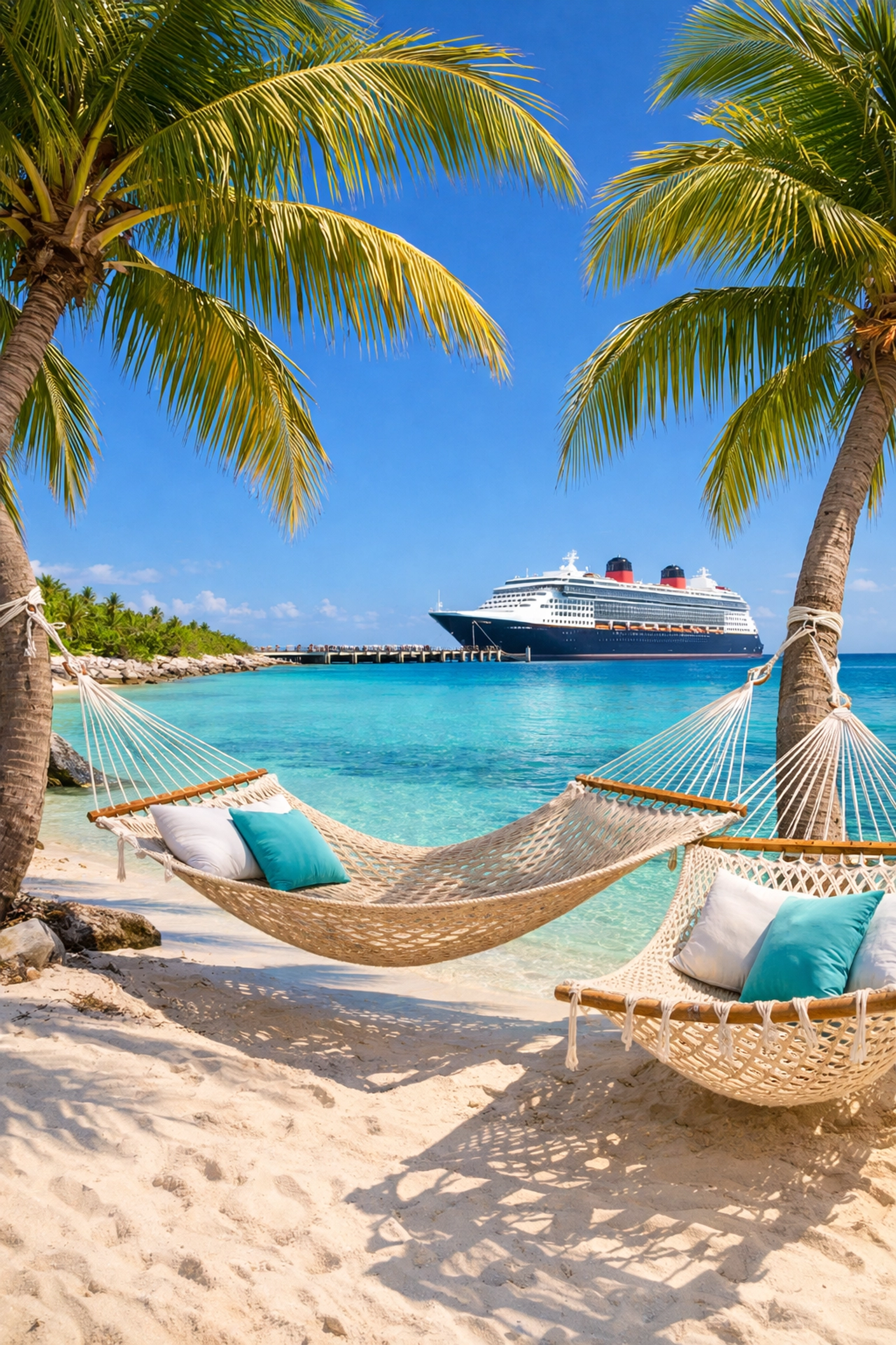 Relaxing hammocks at Serenity Bay, the adult-exclusive beach on Disney's Castaway Cay.