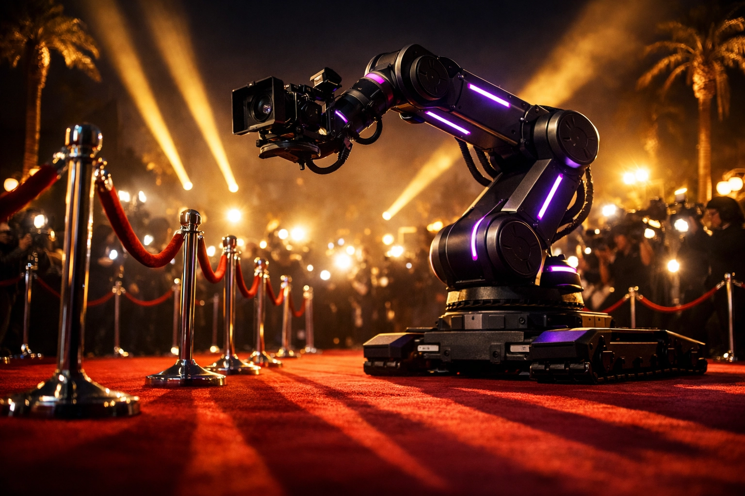 Cinema Robot photo booth setup on Hollywood red carpet with dramatic lighting for premiere events