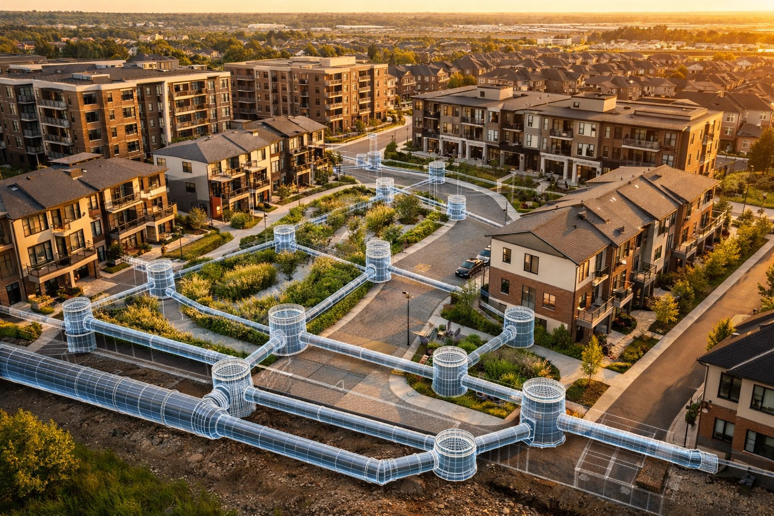 Completed development featuring Low Impact Development LID bioswales and integrated storm sewer design.