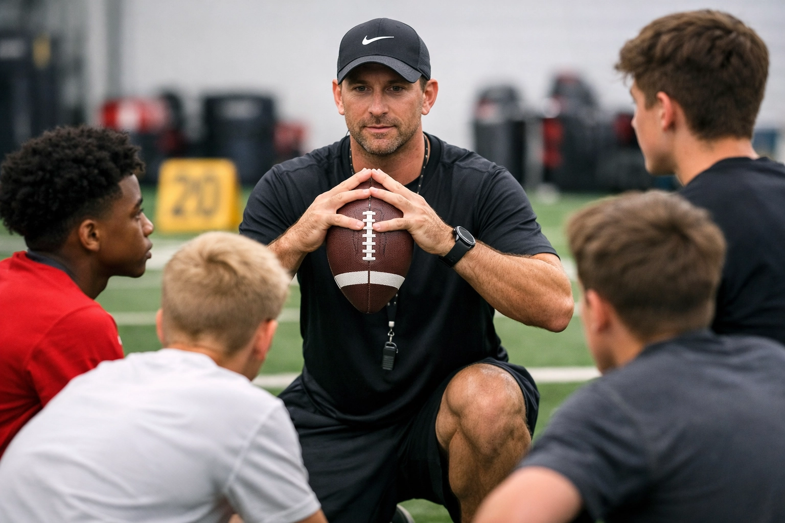 Professional coach demonstrating the diamond hand placement technique to youth football receivers.