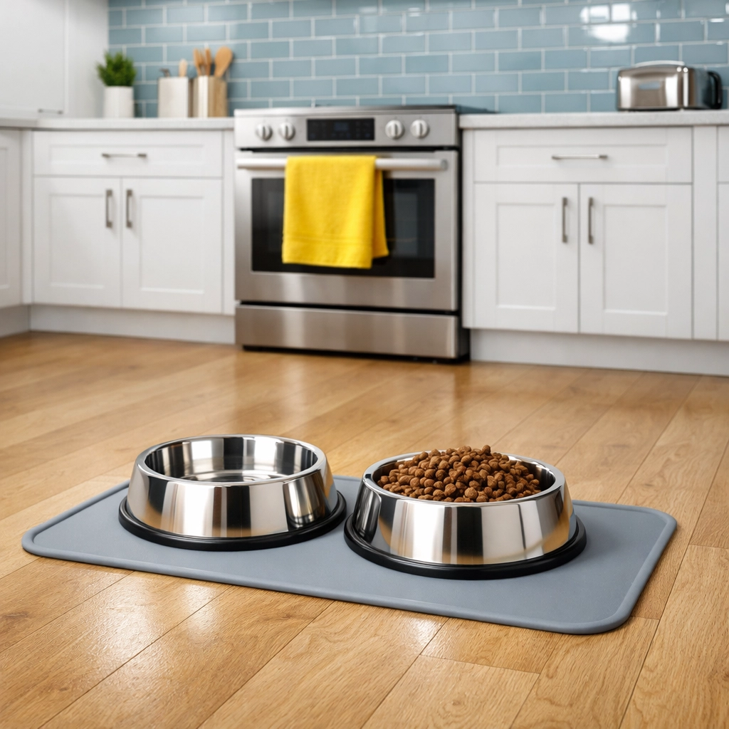Stainless steel pet bowls on a silicone mat in a modern Lancaster kitchen with clean hardwood floors.