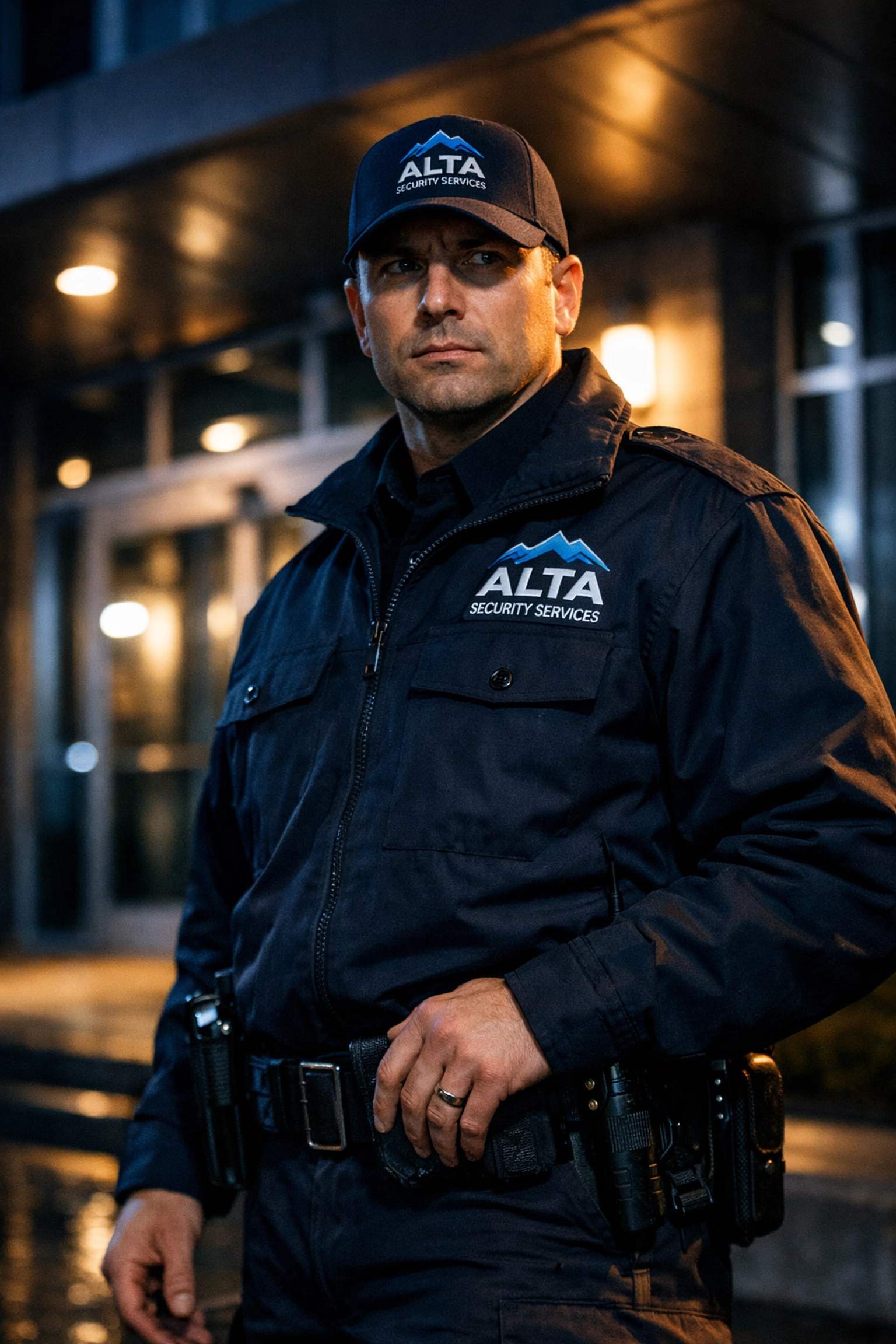 Armed security guard on night patrol outside Richmond commercial building protecting business property