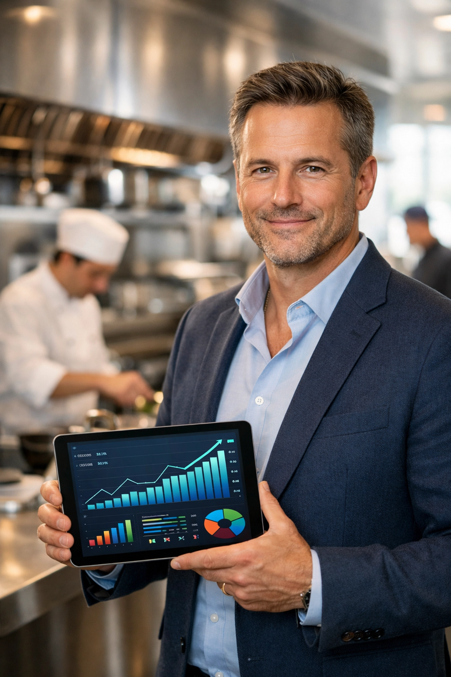 A restaurant executive in a modern kitchen reviewing growth data and analytics for operational discipline.