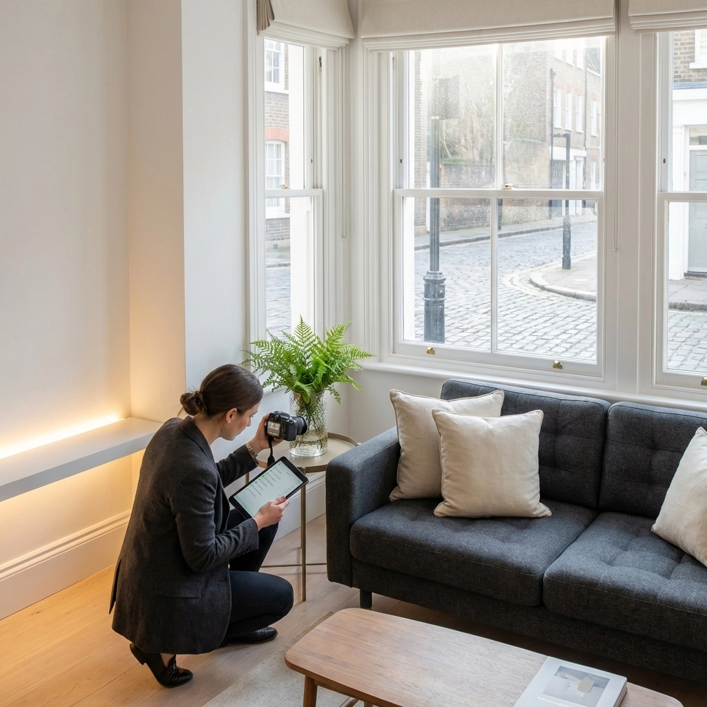 Inventory clerk documenting a London rental property living room with attention to detail and organisation