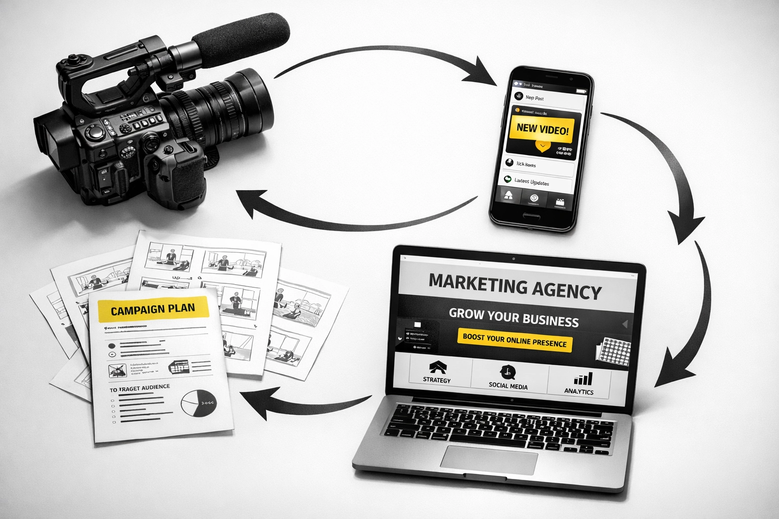 Integrated marketing workspace showing video camera, laptop, and smartphone for seamless content workflow