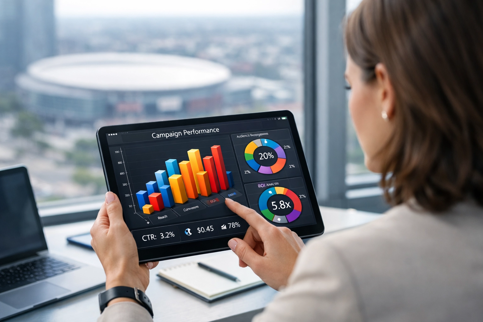 Media planner analyzing campaign performance data and AI-powered DOOH analytics on a digital tablet.