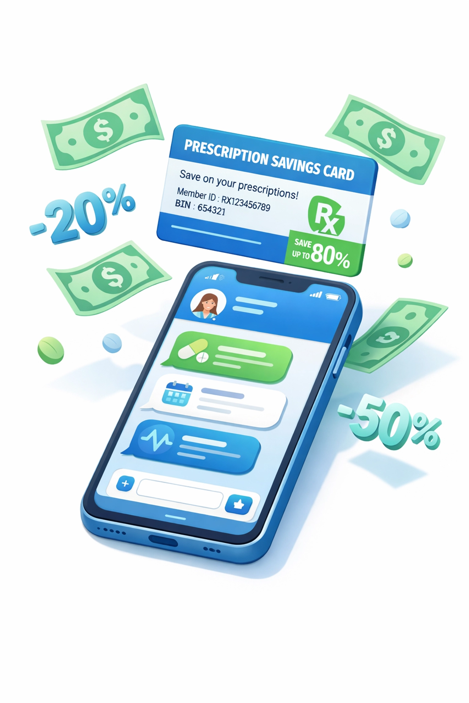 Smartphone displaying prescription savings card and discount symbols for weight loss medication costs