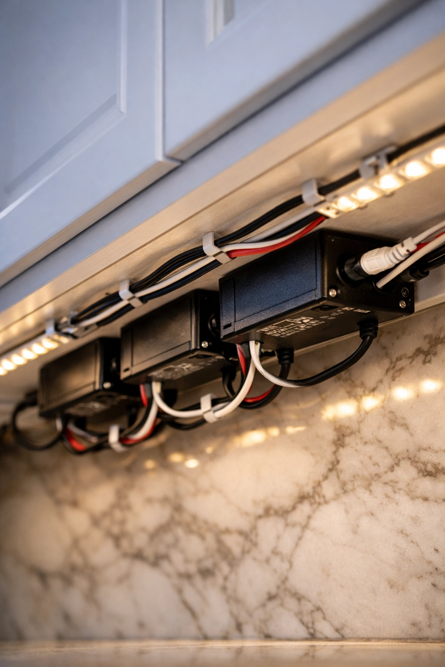 Installation LED professionnelle sous armoire de cuisine avec gestion de câbles