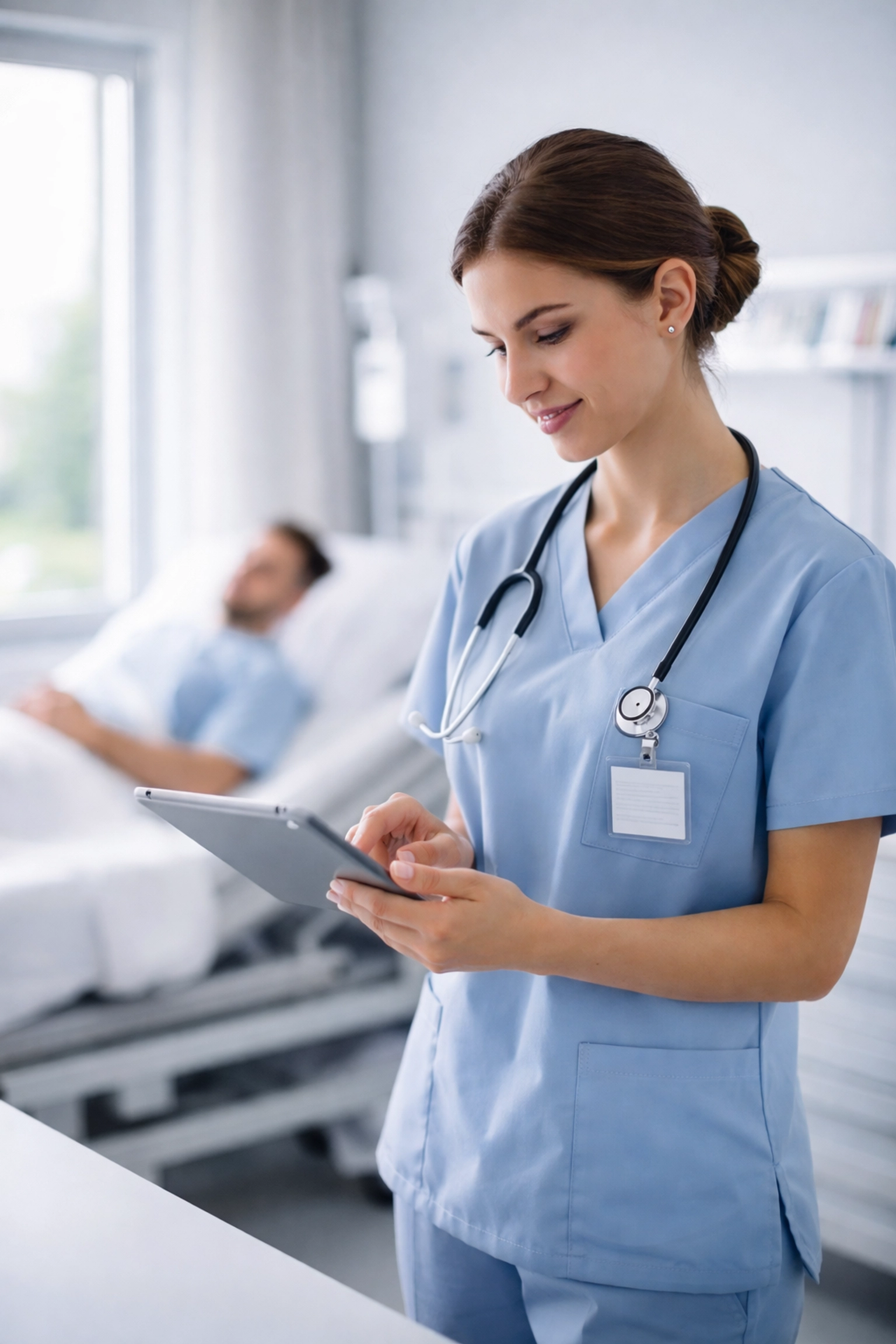 Nurse using tablet beside patient, capturing real-time documentation for efficient clinical workflow
