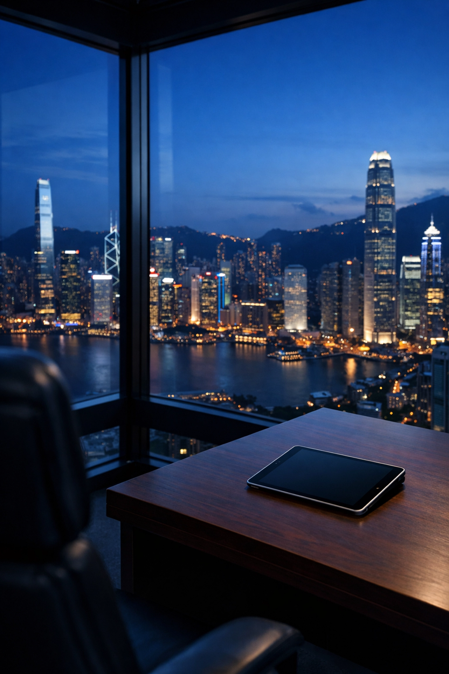 Urban skyline view from an executive office representing global reach for hyper-targeted DOOH campaigns.