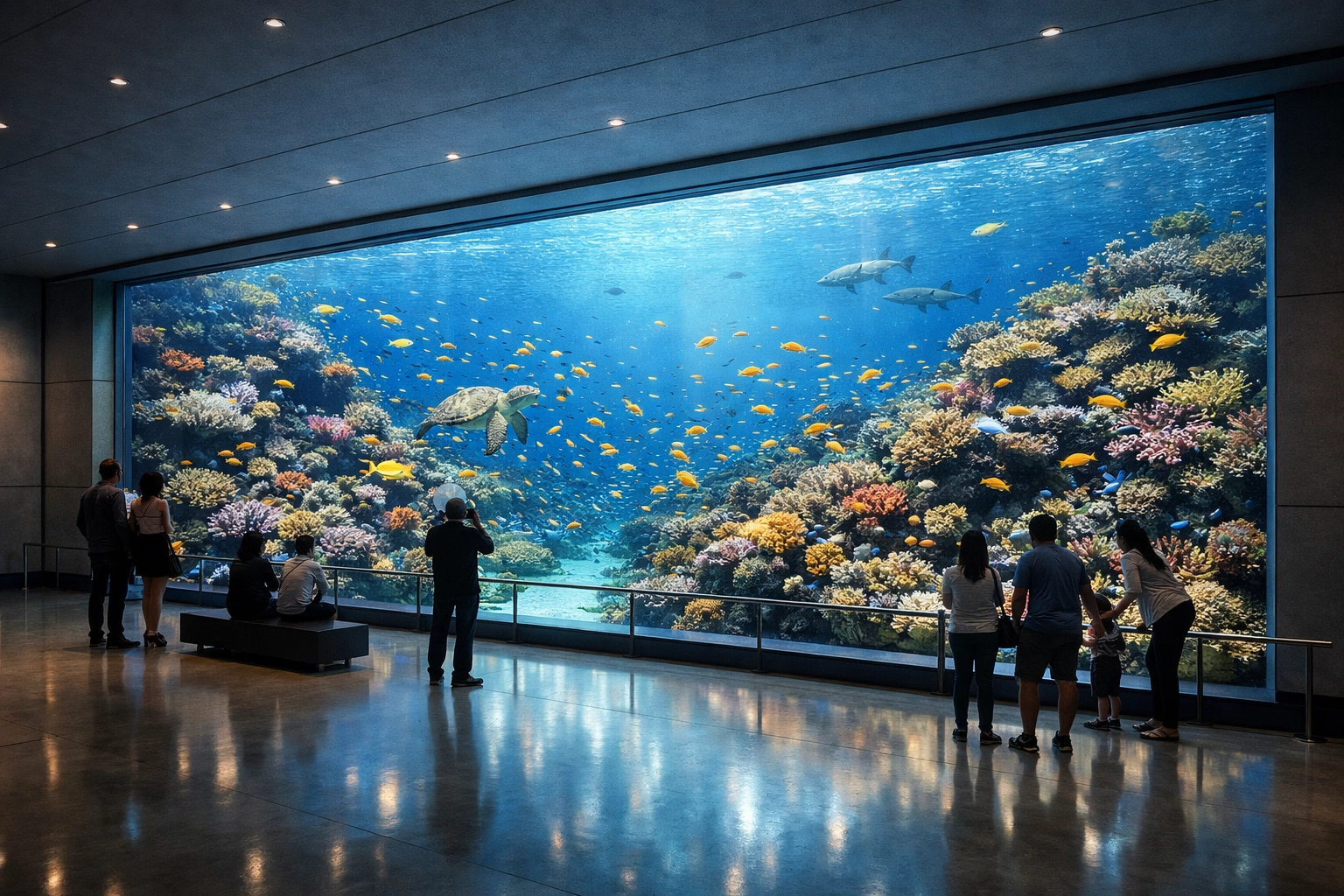 Modern aquarium viewing gallery with tropical fish, highlighting professional brand photography assets.