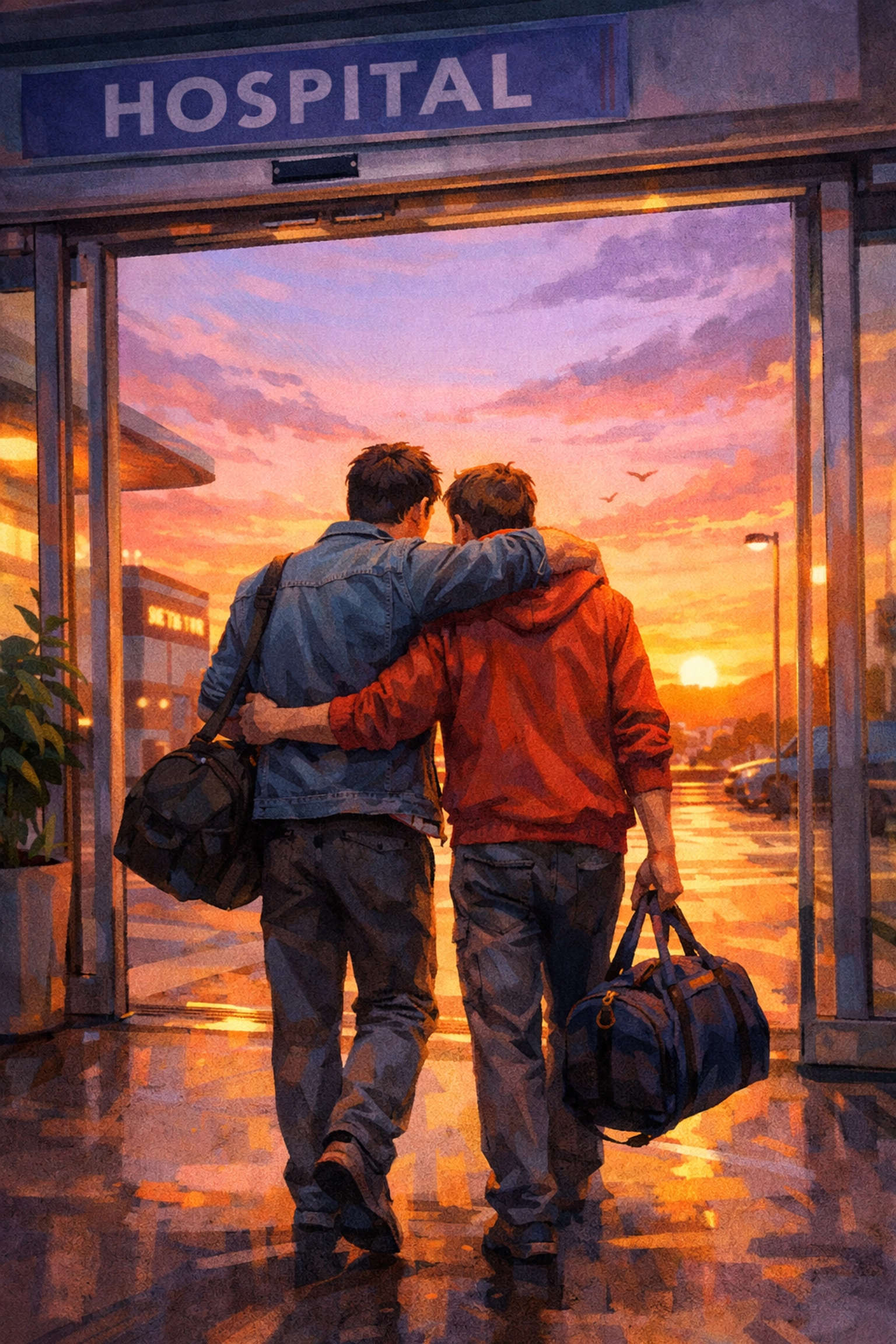 Two gay men leaving their hospital shift together at dawn, capturing the happy ending of an MM contemporary romance.