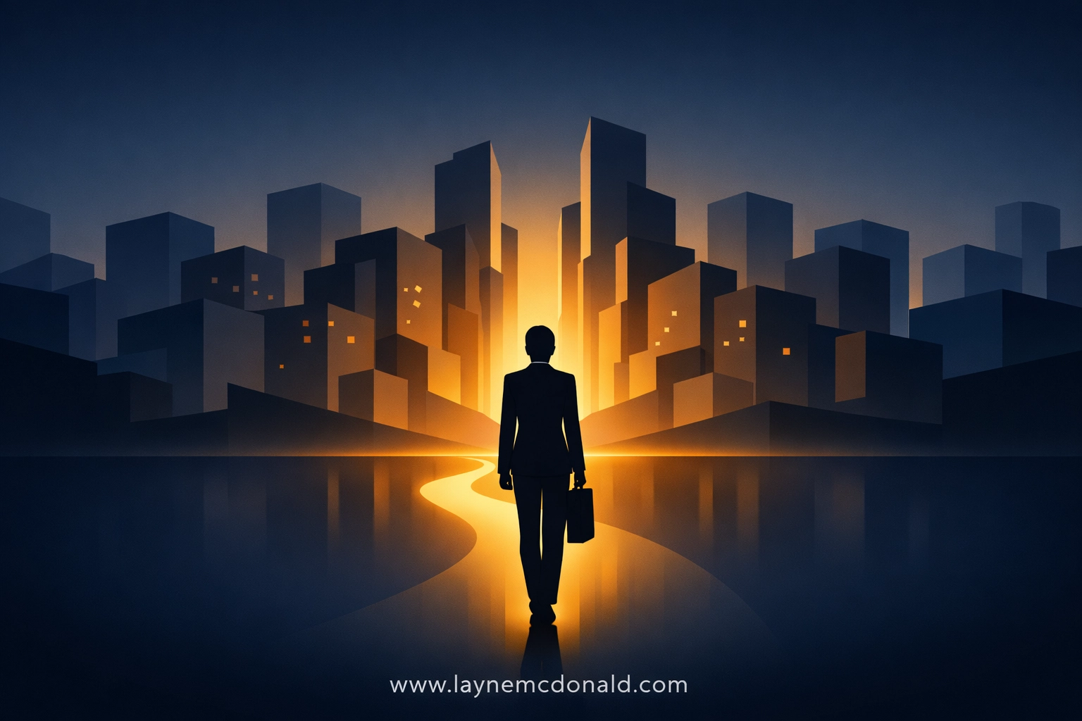 Silhouette of a professional on a faith-led journey through a digital corporate city skyline at Layne McDonald.