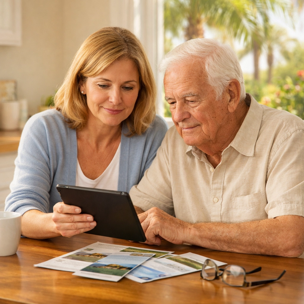 Adult daughter and elderly father planning senior living options in Sarasota at a sunlit table.